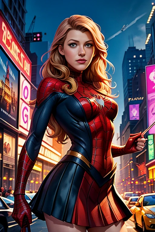 Blake Lively、マーベル・コミック映画のPoster, Very beautiful, Movies about Spiderman, sexy, whole body, I'm wearing a skirt、Premiere date, Poster、belly buttonを突き出す、new york、She&#39;s wearing a torn Spider-Man suit,The suit is torn、Wearing a skirt、 Red and black color scheme,dynamic、masterpiece、highest quality、Ultra-detailed、Very detailed、A delicate and beautiful shine、超A high resolution、Cinematic,Break,Breakdrop,(Torn clothes:1.5), (Wet clothes:1.4), Bare shoulders,Real Rain,Wet Hair,belly button、Exposing Skin、sexyな肩を見せてる