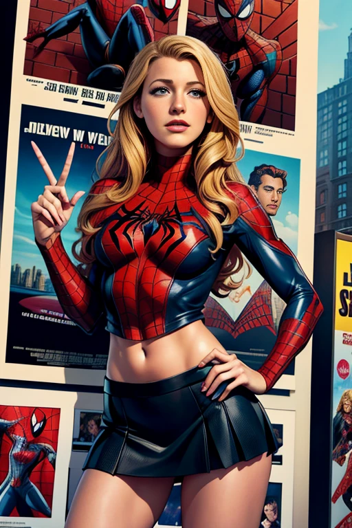 Blake Lively、マーベル・コミック映画のPoster, Very beautiful, Movies about Spiderman, sexy, whole body, I'm wearing a skirt、Premiere date, Poster、belly buttonを突き出す、new york、She&#39;s wearing a torn Spider-Man suit,The suit is torn、Wearing a skirt、 Red and black color scheme,dynamic、masterpiece、highest quality、Ultra-detailed、Very detailed、A delicate and beautiful shine、超A high resolution、Cinematic,Break,Breakdrop,(Torn clothes:1.5), (Wet clothes:1.4), Bare shoulders,Real Rain,Wet Hair,belly button、Exposing Skin、sexyな肩を見せてる