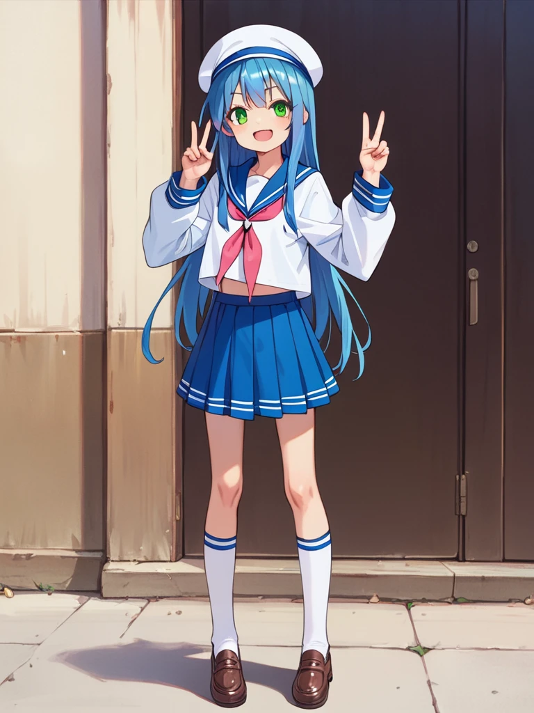 score_9, score_8_up, score_7_up, best quality, masterpiece, source_anime, photo, (natural skin, detailed skin:0.8), uncensored,
(child ,cute ,small girl:0.5), (colourful,Colouring in:1.0),skinny,
konata izumi, long hair, green eyes, blue hair, skinny, 
flat chest, 
1girl,outdoors, serafuku, blue miniskirt, blue sailor collar, white and blue sailor cap, shoes, white and blue tighhighs, smile, 
dynamic pose,v,
,   