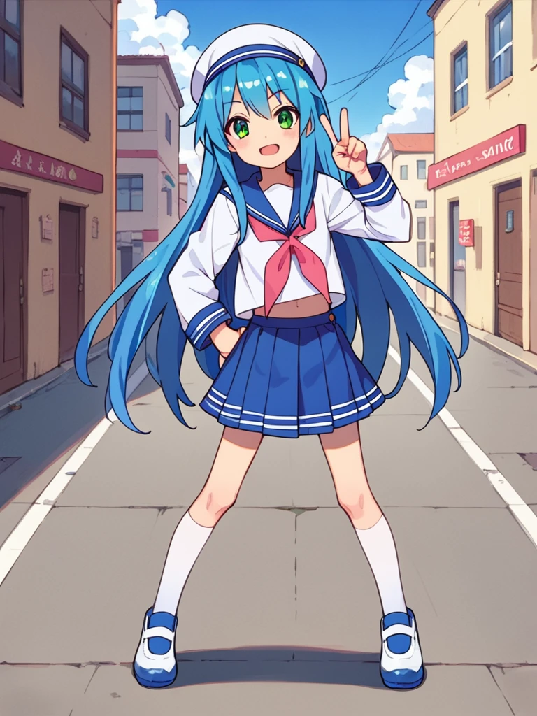 score_9, score_8_up, score_7_up, best quality, masterpiece, source_anime, photo, (natural skin, detailed skin:0.8), uncensored,
( ,cute ,small:0.5), (colourful,Colouring in:1.0),skinny,
konata izumi, long hair, green eyes, blue hair, skinny, 
flat chest, 
1girl,outdoors, serafuku, blue miniskirt, blue sailor collar, white and blue sailor cap, shoes, white and blue tighhighs, smile, 
dynamic pose,v,
,   