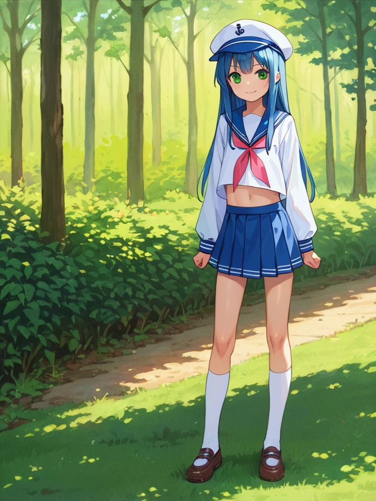 score_9, score_8_up, score_7_up, best quality, masterpiece, source_anime, photo, (natural skin, detailed skin:0.8), uncensored,
(child ,cute ,small girl:0.5), (colourful,Colouring in:1.0),skinny,
konata izumi, long hair, green eyes, blue hair, skinny, 
flat chest, 
1girl,outdoors, serafuku, blue miniskirt, blue sailor collar, white and blue sailor cap, shoes, white and blue tighhighs, smile, 
dynamic pose,v,
,   