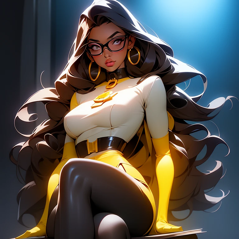 a picture of a girl with glasses holding a book, as a pixar character, black jesus, no watermark signature, beautiful necromancer girl, yellow skin, inspired by Paul Mavrides, hyperrealistic full figure, long curly brown hair, telegram sticker, christianism, paladin, pray, belle