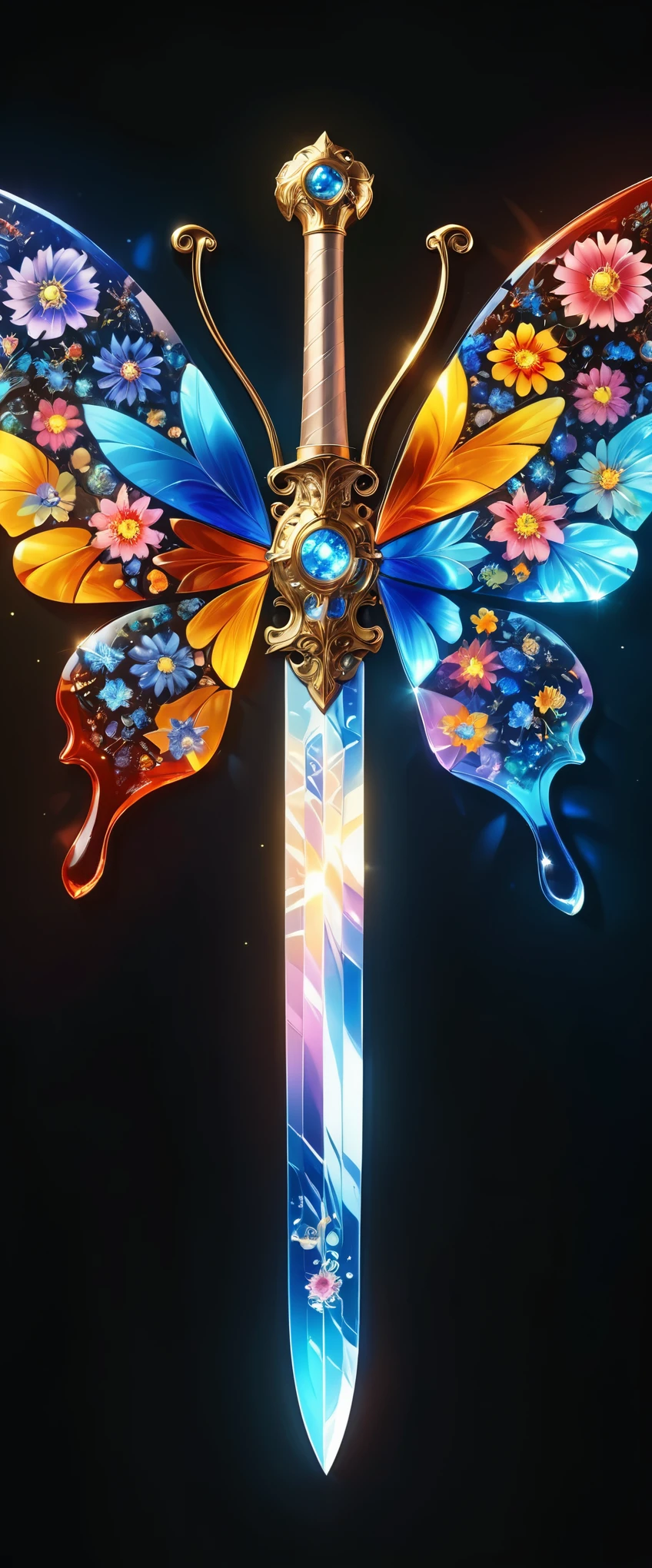 (best quality,4k,highres),Millefiori glass style,(vibrant,brilliant),meteor, butterfly, sword, (sparkling shards, intricate patterns), (realistic,physically-based rendering), (colorful, multicolored), (fantasy, dreamlike)