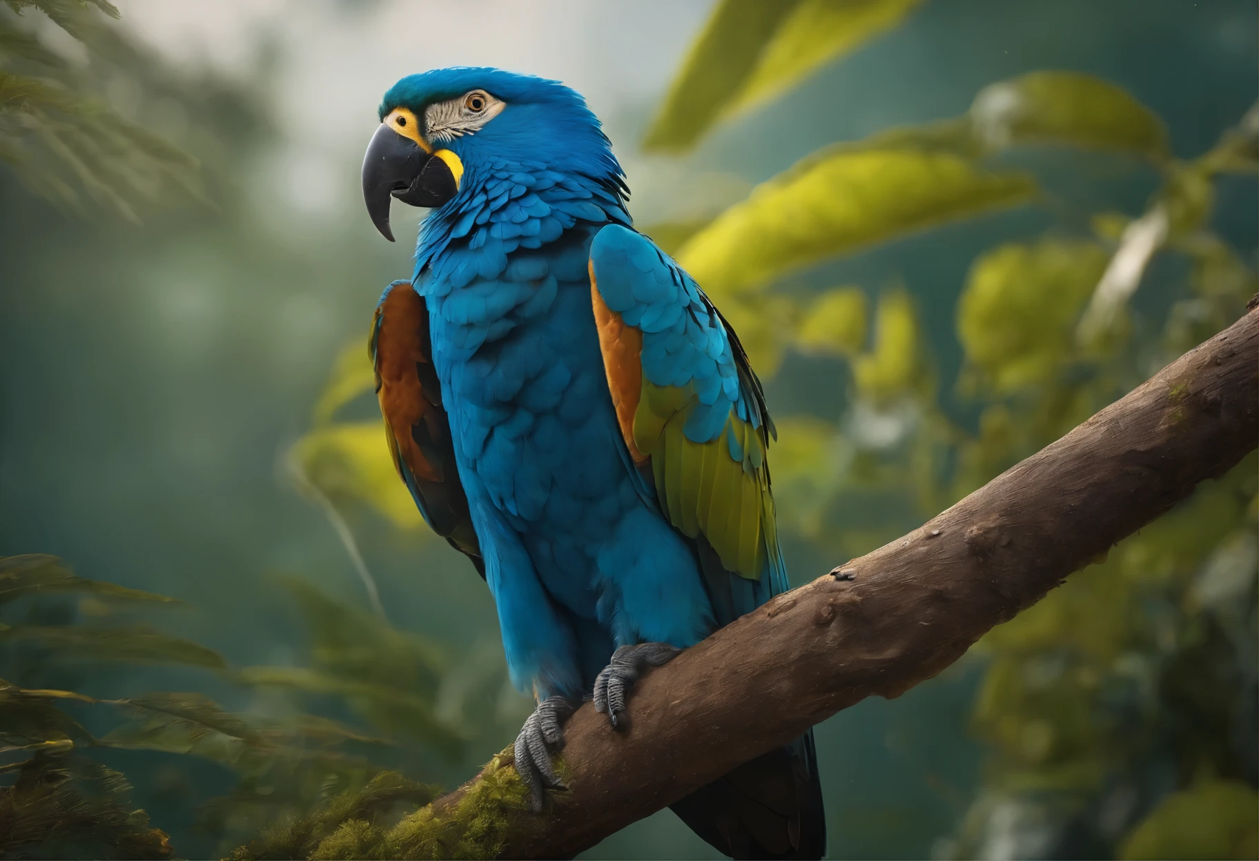 Arara azul, grande, realista, 3d, 8k, Adobe Ilustrador, forte, cores vivas, linhas finas, imagem mais ampla com outros animais no fundo