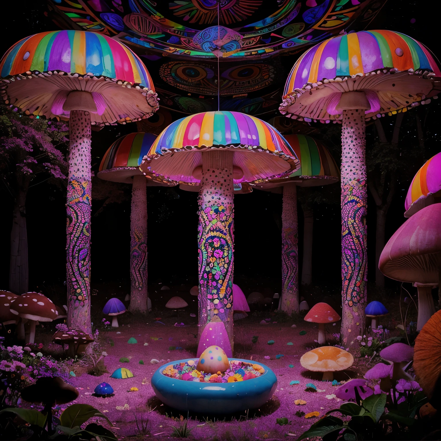 you are an psychedelic surialistic artist. create me a psychedelic picture  mushrooms  style of mushrooms  in a trance party