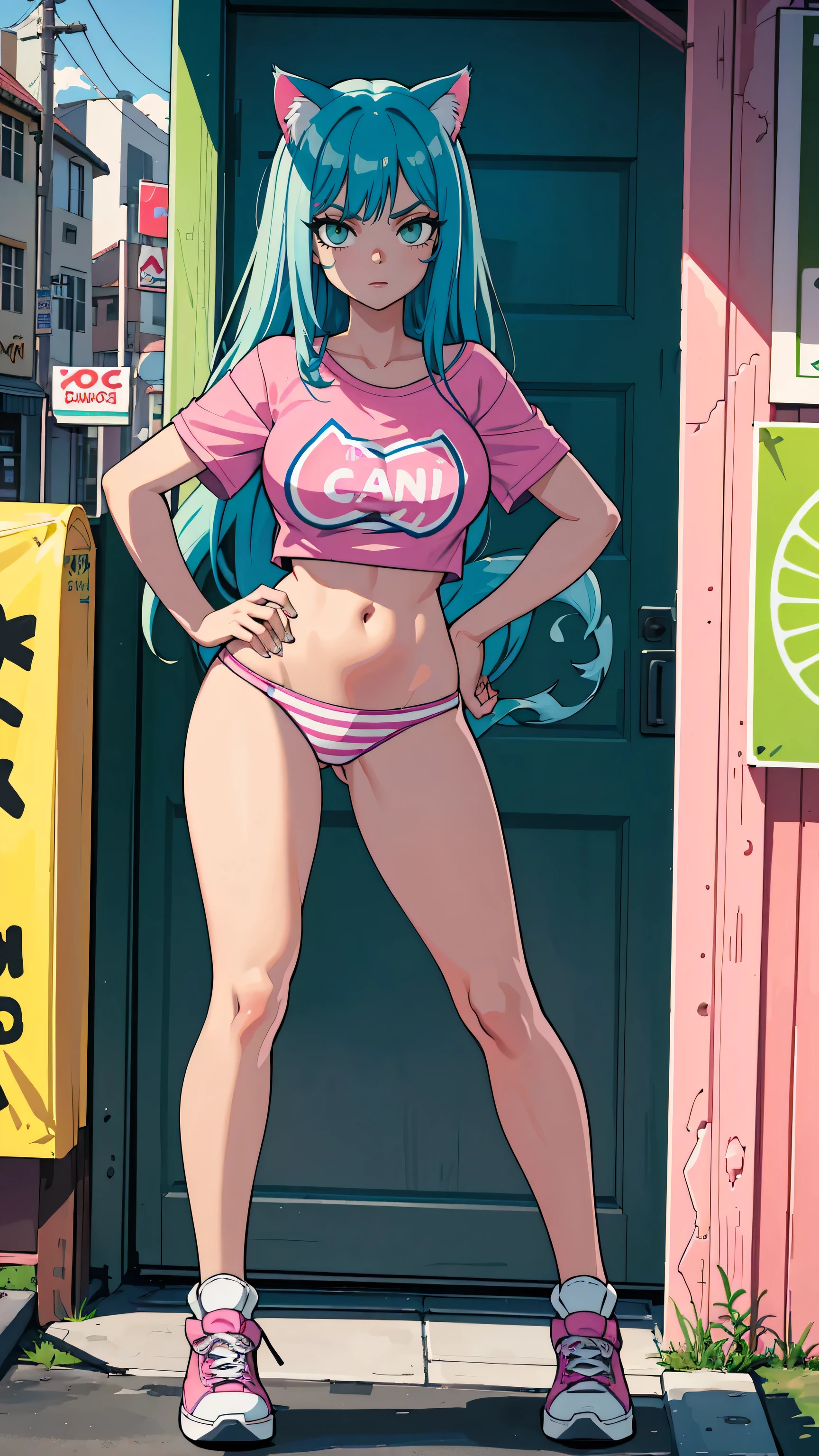 Masterpiece, best quality, high resolution, 1 woman, Long blue hair with pink stripes, smooth, green eyes, Bored face , cat ears , pink t-shirt , black bikini , abdomen, big breasts , Long legs , stand on your hips , canvas shoes , convenience store