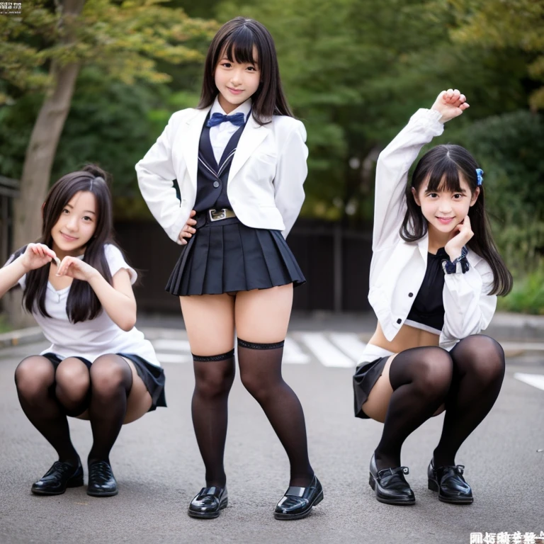 Japanese ,Wearing a black mini skirt,Squat with your legs wide apart,Small breasts,look forward to,Black Pantyhose,Panties in full view,Black underwear,Spread your legs in an M shape