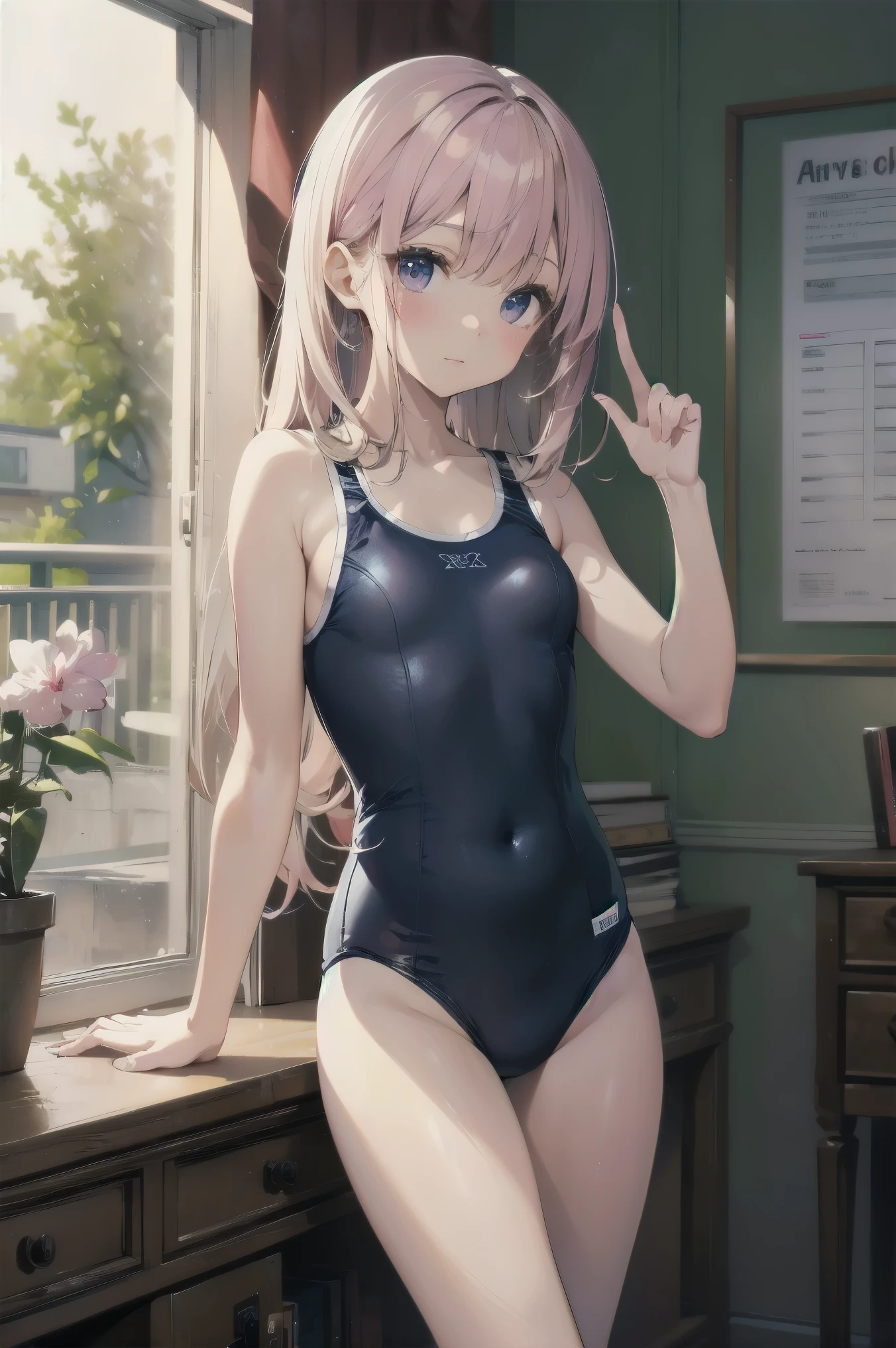 High quality、highest quality、Complete limbs、Ultra high definition、Full Finger、Slender beauty、Pink school swimsuit、Lovely room