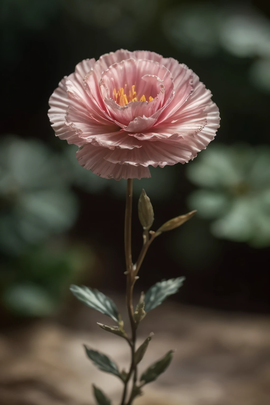 A stunningly realistic photo of a single carnation flower, with its vibrant, velvety petals unfurled in all their glory, and its slender, emerald-green stem reaching up towards the sky. The flower's crisp, dewy petals shimmer with a natural sheen, capturing the essence of its delicate beauty in high definition. The photograph, taken with impeccable precision, showcases the intricate details of the carnation's petals, veins, and stem, allowing the viewer to fully appreciate its natural splendor. The use of soft, natural lighting and a shallow depth of field adds to the depth and textures, creating a mesmerizing and