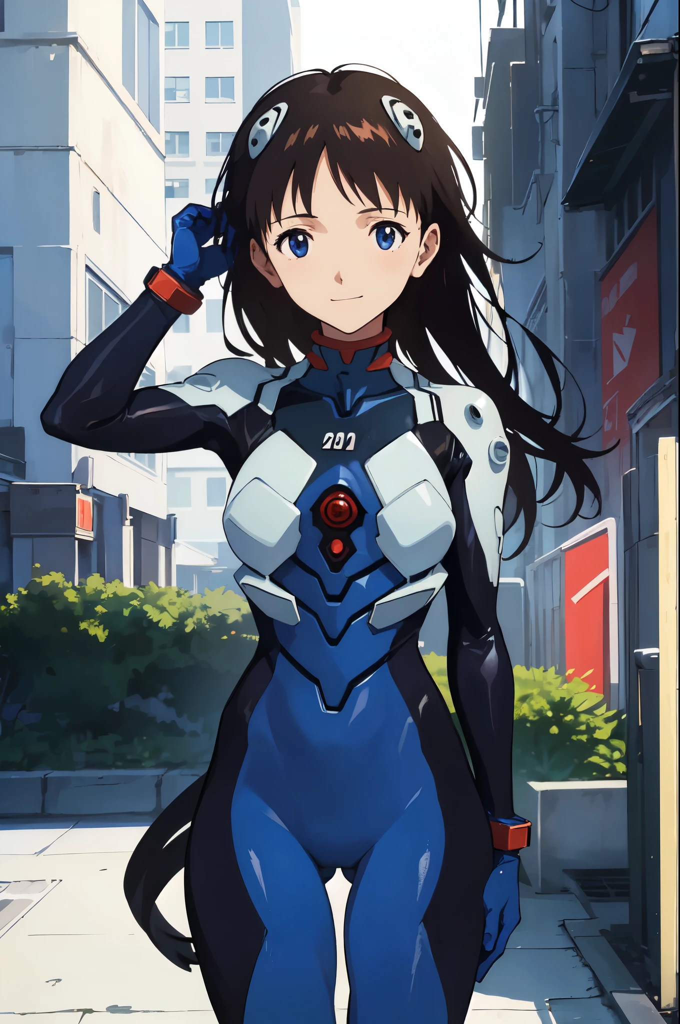 (masterpiece, best quality:1.2), expressive eyes, perfect face, highres, 1girl, solo, (female:1.5), ikarishinji, eva01plugsuit, long hair, interface, headset, shy, slight smile, city park, standing, cowboy shot,  looking at viewer,