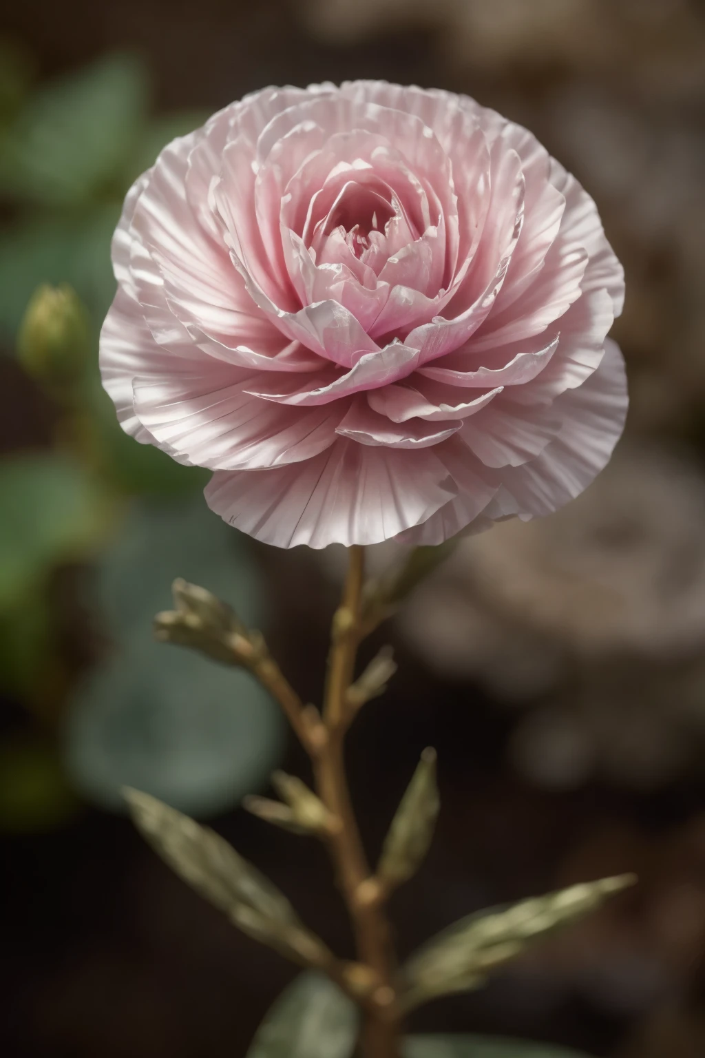 A stunningly realistic photo of a single carnation flower, with its vibrant, velvety petals unfurled in all their glory, and its slender, emerald-green stem reaching up towards the sky. The flower's crisp, dewy petals shimmer with a natural sheen, capturing the essence of its delicate beauty in high definition. The photograph, taken with impeccable precision, showcases the intricate details of the carnation's petals, veins, and stem, allowing the viewer to fully appreciate its natural splendor. The use of soft, natural lighting and a shallow depth of field adds to the depth and textures, creating a mesmerizing and