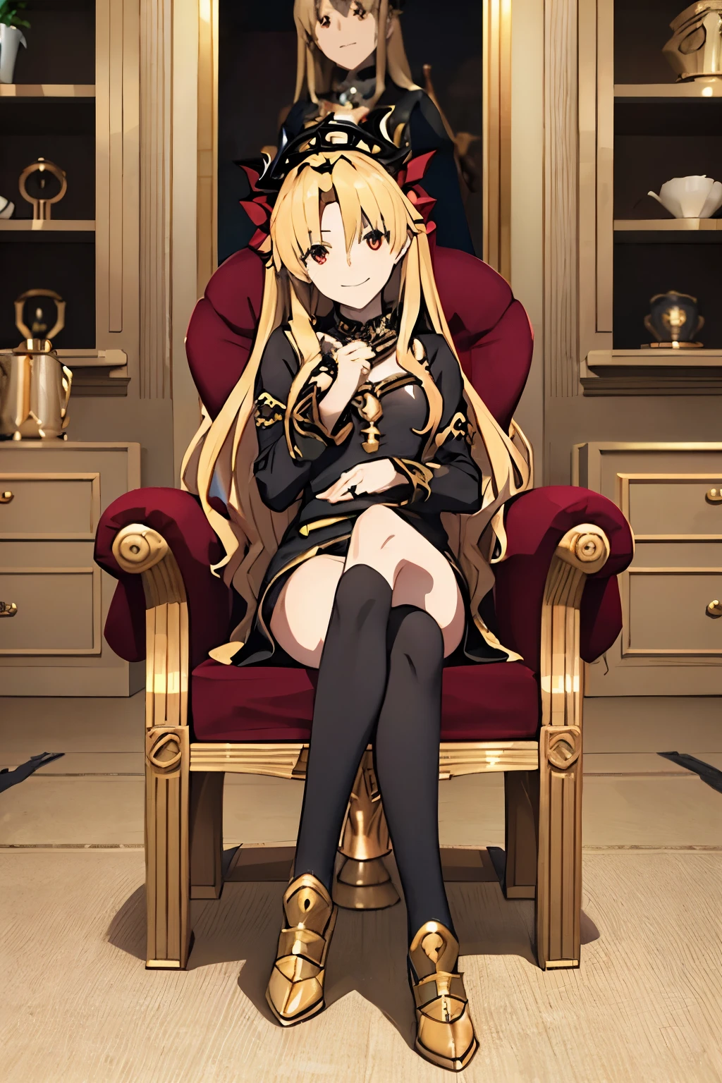 Ereshkigal sitting on a chair with legs crossed, looking at viewer with a smile, bodysuit, leotard, cameltoe, 