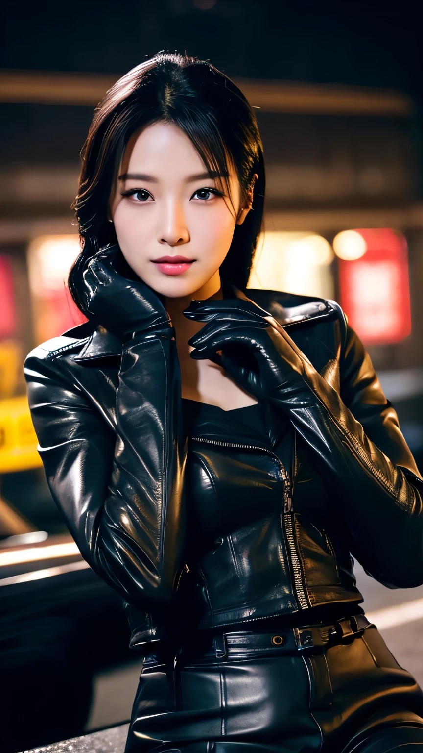 black leather rider jacket, Office in the Dark, Black leather gloved fingertips on both hands,Wearing black leather gloves,Sitting in a black leather chair、 Japanese female new recruits (Black leather gloves cover both hands) (The angle is horizontal)、Black Leather Pants,Black Leather Black Leather Pants,Black Leather Skinny Pants、Long black leather boots on both feet、Black hair ponytail ((He wears black leather gloves on his hands))Full Body Photo,full body shot full body full body leather suit,☺If you turn in this direction。Wearing black leather gloves,Wearing black leather gloves,Wearing black leather gloves,Wearing black leather gloves,Wearing black leather gloves,Wearing black leather gloves,黒のレザーパンツが美しい😍黒のレザーパンツが美しい😍黒のレザーパンツが美しい,😍Smiling while looking at me,City lights、((Neon Cyberpunk City Street:1.3))、(Neon Light)、Detailed lighting、
Best image quality、Ultra-high resolution、(realism:1.4)、Korean Beauty Star、The most beautiful KPOP stars、face、Horny Korean Makeup、A body that makes you want to touch it、Realistic leather texture、Costume made of smooth leather fabric、The drape of the curved parts of the leather fabric、The costume is very shiny、Quality of the costume、8K Photo Quality