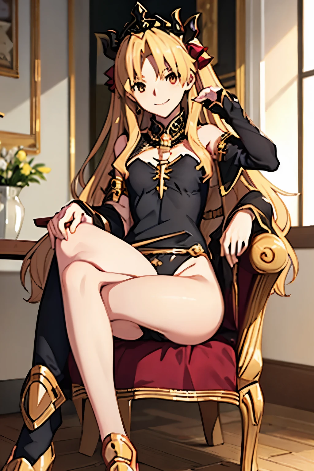 Ereshkigal sitting on a chair with legs crossed, looking at viewer with a smile, bodysuit, leotard, cameltoe,