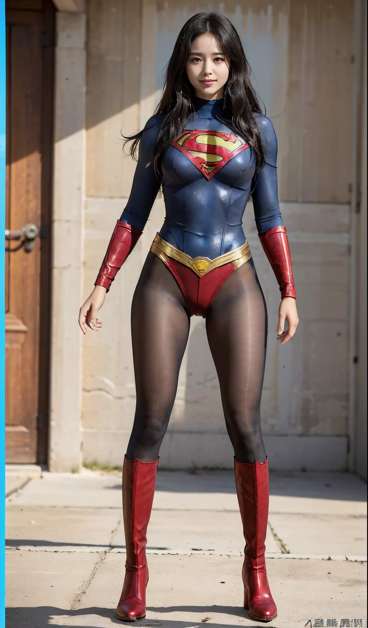 No background、(((Beautiful legs in black tights.)))、(((Legally express the beauty of your smile)))、((((Make the most of your original images)))、(((Supergirl Costume)))、(((Beautiful Hair)))、(((suffering)))、(((Please wear black tights....、Wear red boots)))、((Best image quality、8K))、((highest quality、8K、masterpiece:1.3))、(((Preserve background )))、Sharp focus:1.2、Beautiful woman with perfect figure:1.4、Thin abdominal muscles:1.2、Wet body:1.5、Highly detailed face and skin texture、8K