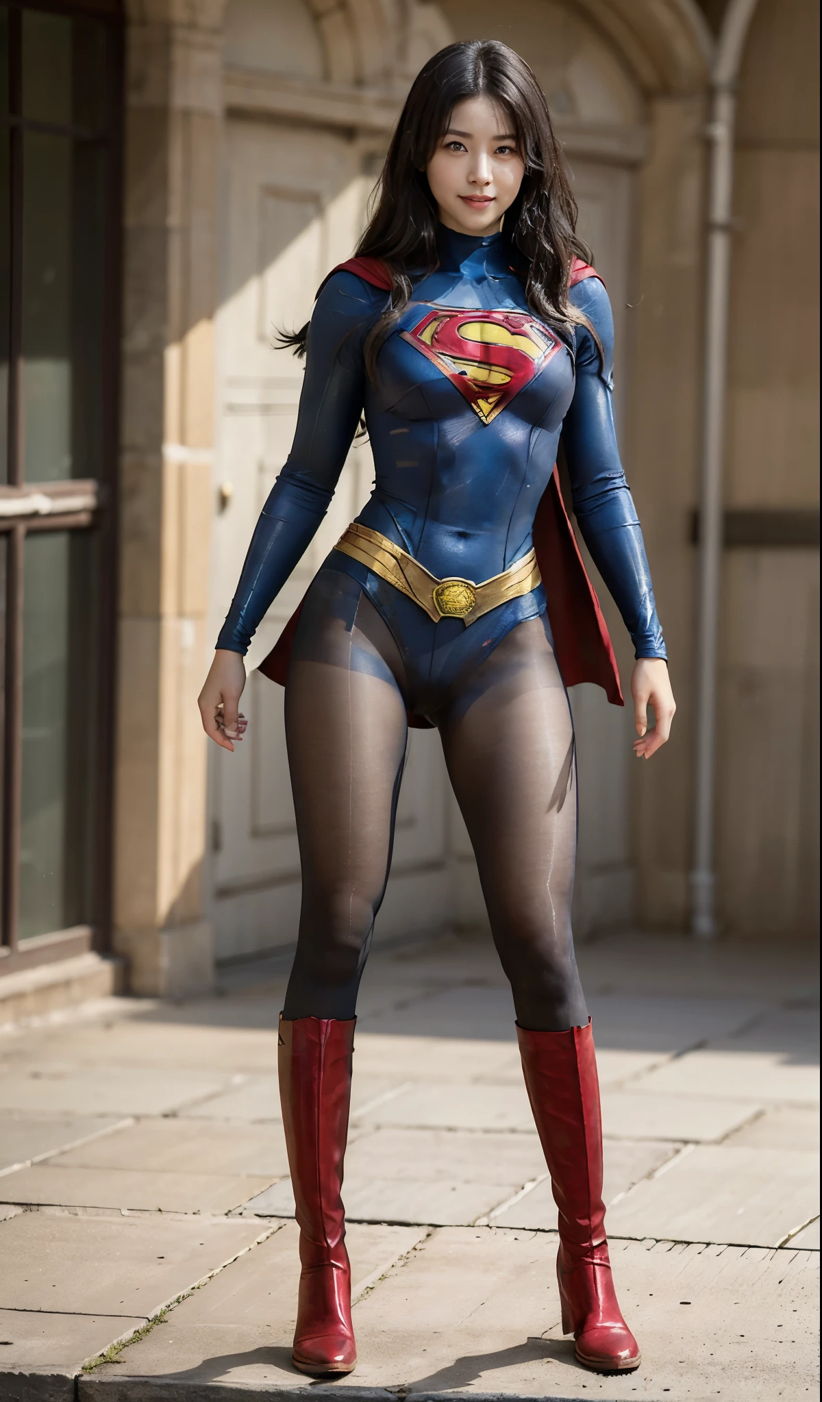 No background、(((Beautiful legs in black tights.)))、(((Legally express the beauty of your smile)))、((((Make the most of your original images)))、(((Supergirl Costume)))、(((Beautiful Hair)))、(((suffering)))、(((Please wear black tights....、Wear red boots)))、((Best image quality、8K))、((highest quality、8K、masterpiece:1.3))、(((Preserve background )))、Sharp focus:1.2、Beautiful woman with perfect figure:1.4、Thin abdominal muscles:1.2、Wet body:1.5、Highly detailed face and skin texture、8K