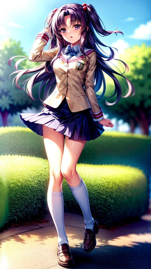 ((masterpiece)), ((best quality)), ((highres)), ((detailed background)), solo, library, natural lighting, sunset, ichinose kotomi, clannad uniform, blue skirt, black socks, two side up, hair ornaments、The skirt was blown up by the wind、blush、Embarrassing、Watery eye