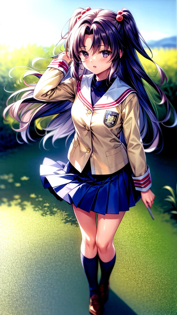 ((masterpiece)), ((best quality)), ((highres)), ((detailed background)), solo, library, natural lighting, sunset, ichinose kotomi, clannad uniform, blue skirt, black socks, two side up, hair ornaments、The skirt was blown up by the wind、blush、Embarrassing、Watery eye