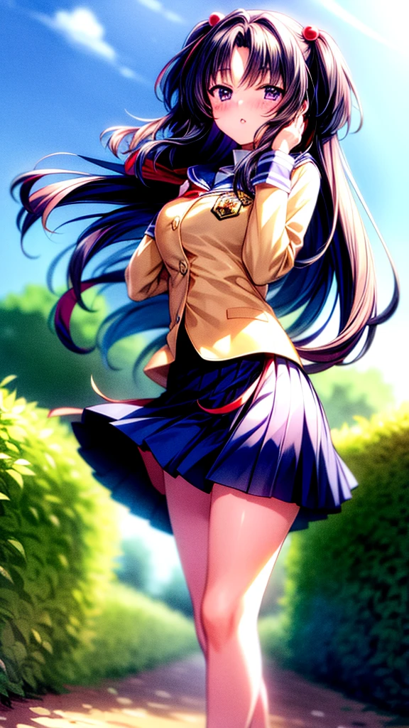 ((masterpiece)), ((best quality)), ((highres)), ((detailed background)), solo, library, natural lighting, sunset, ichinose kotomi, clannad uniform, blue skirt, black socks, two side up, hair ornaments、The skirt was blown up by the wind、blush、Embarrassing、Watery eye