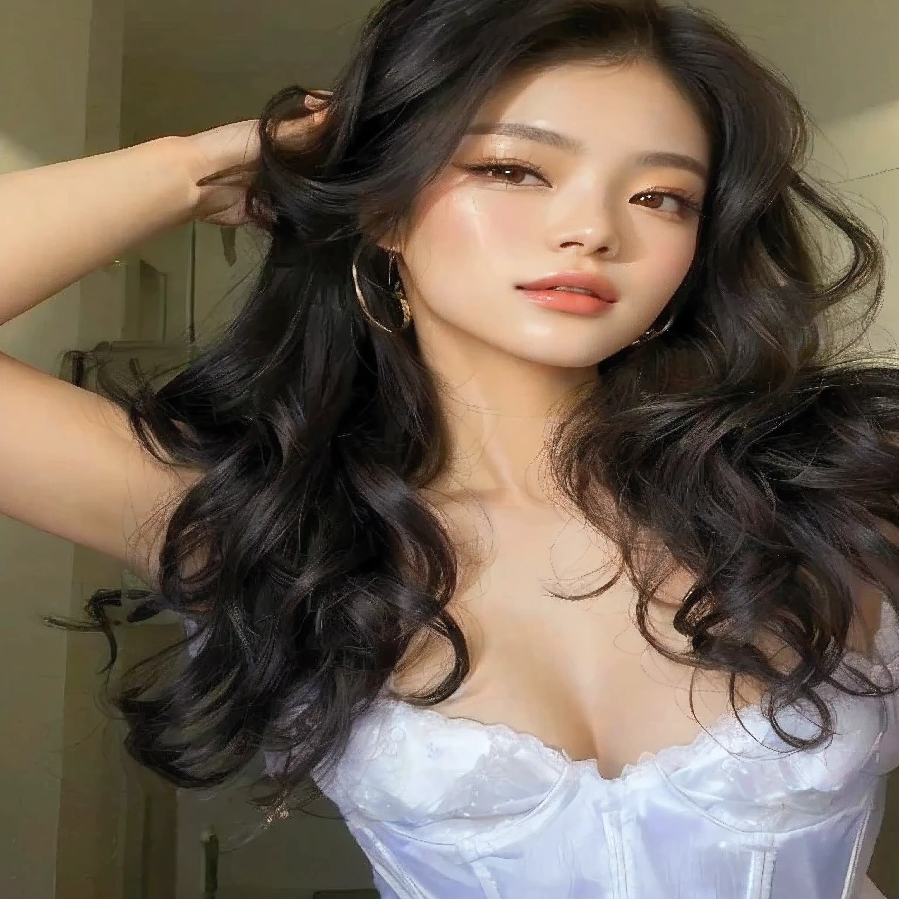 High quality, 8k, 4k, a close up of a woman in a white dress com cabelo comprido, linda jovem coreana, jennie blackpink, linda mulher sul-coreana, asian girl com cabelo comprido, cabelos ondulados espalhados, beautiful chinese model, linda jovem coreana, com cabelo comprido, a young Asian woman, com cabelos longos e cacheados, beautiful asian girl, asian features, young pale and beautiful asian face
