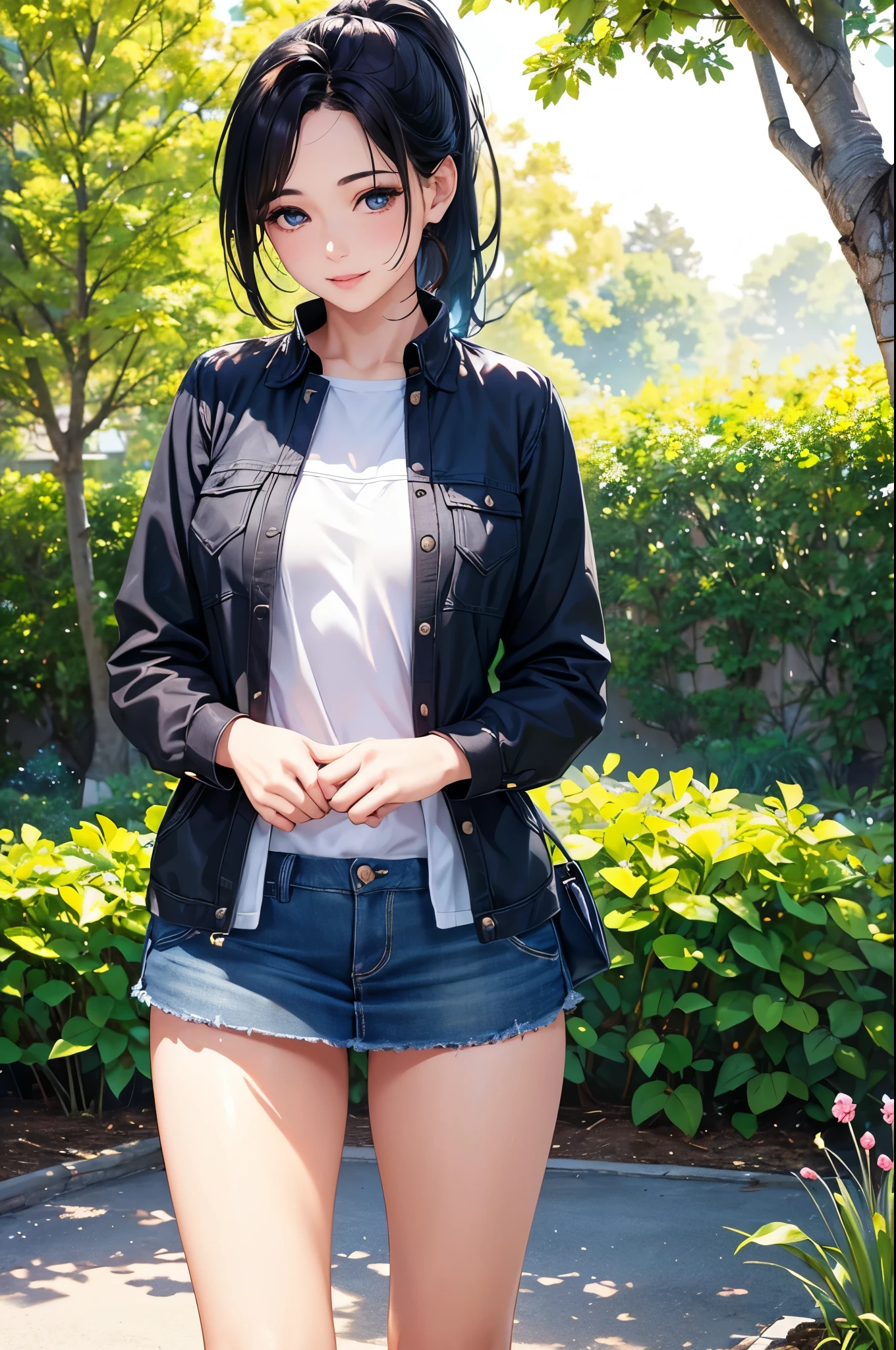 A girl in a garden,feeling the summer sunshine,with black hair,ponytail and wearing a miniskirt,standing with her legs apart,leaning forward,placing both hands on a hydrant. (best quality,4k,8k,highres,masterpiece:1.2),ultra-detailed,(realistic,photorealistic,photo-realistic:1.37),illustration,beautiful detailed eyes,beautiful detailed lips,extremely detailed eyes and face,long eyelashes, cheerful expression, vibrant colors,soft sunlight,Open-chested clothing