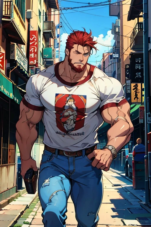Hombre joven, cabello rojo, corte de pelo corto, vestido con un jean y camiseta blanca simple, muscular, paseando por la ciudad, handsome, ciudad de fondo, de hombros anchos, hombre muy alto, anime style