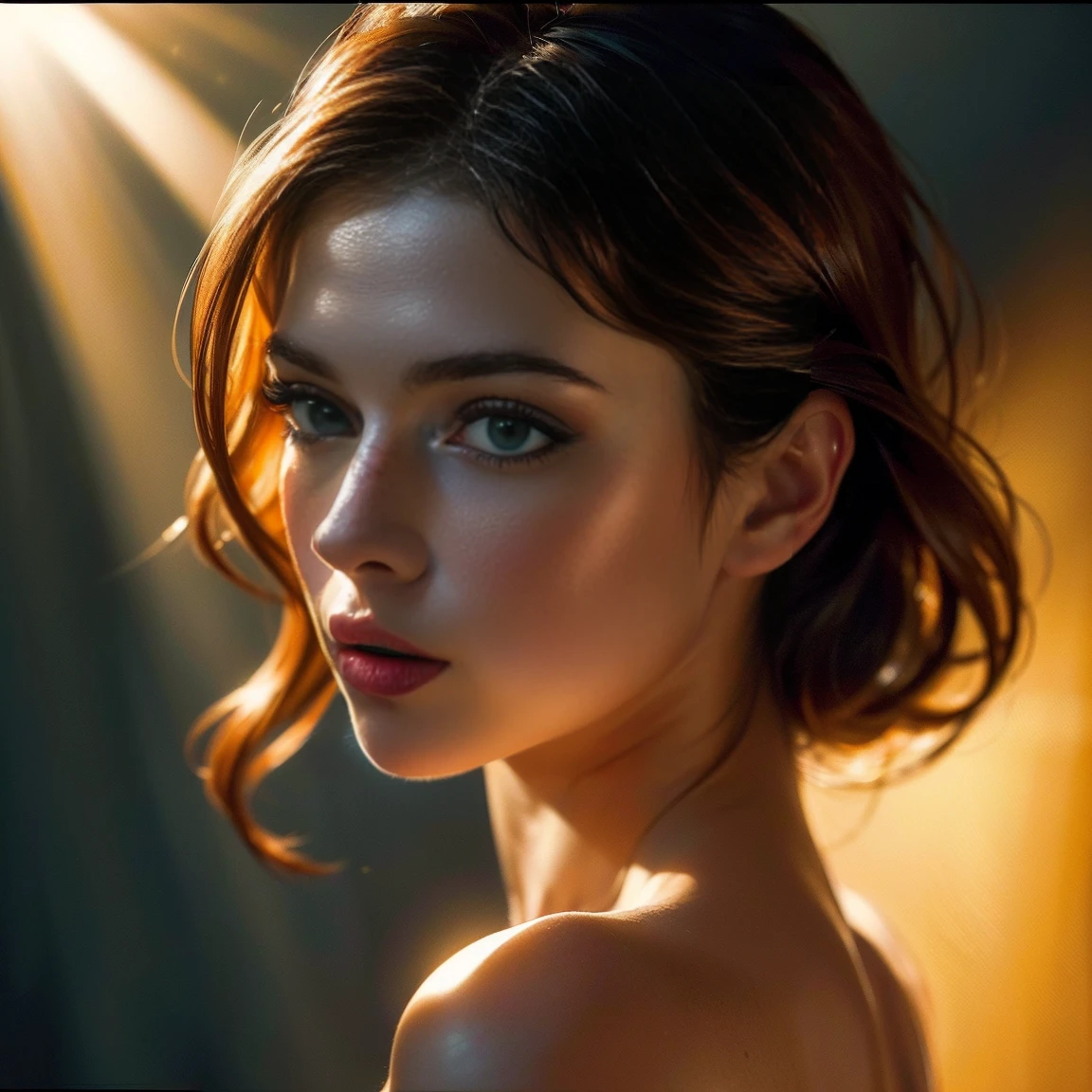 (((ultra realistic))) Photo, masterpiece, top quality, (pale skin), (Ultra detailed face and eyes:1.3), 1 girl, Adult, In Lifchik, ((Eye makeup, mascara)), ((Bright Deep Navi Blue eyes)), ((large detailed red lips)), ((dark blonde straight hair)), ((Chyolka)) , (Natural gorgeous breasts), Slim waist. ((Posing)), photoshoot, studio (contour lighting), (The play of light and shadows), depth of field, bokeh, (special attention to skin detail: 1.2), Detailed leather texture, skin pores. (Glowing atmosphere of the frame. Color range - delicate, Bright, Yellow tones), UDR, ((Film grain)), ((rays)), (Glare), ((Photo from the back)) , ultra detialed, 