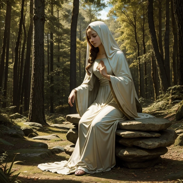 Virgin Mary, in the forest, sitting on a stone, daylight, masterpiece, highly detailed, 