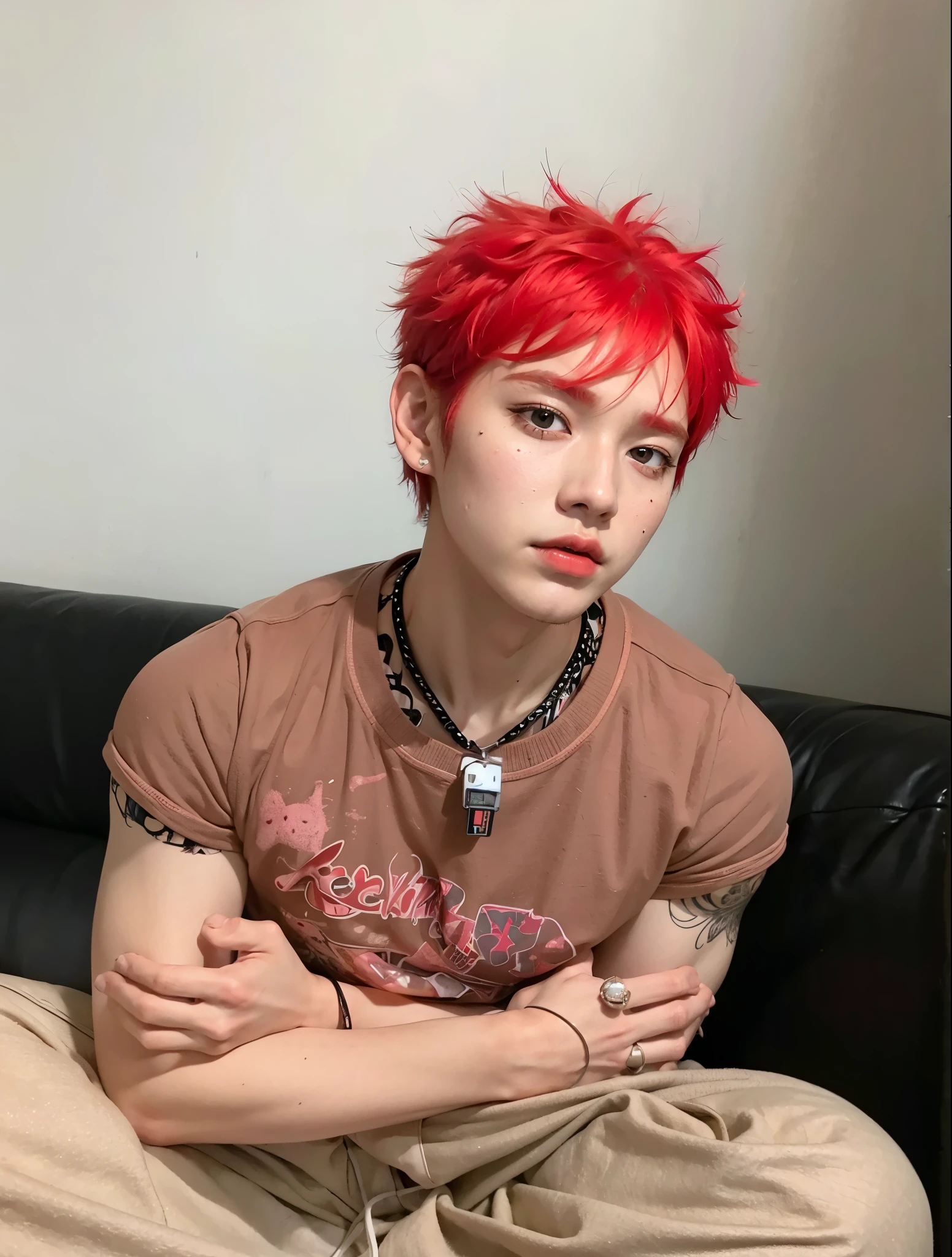 arafed man with red hair sitting on a couch with his arms crossed, cai xukun, messy spiked red hair, with red hair, hong june hyung, hyung tae, with pink hair, handsome japanese demon boy, red dyed hair, red haired  boy, 18 years old, taejune kim, kanliu666, portrait of a male punk