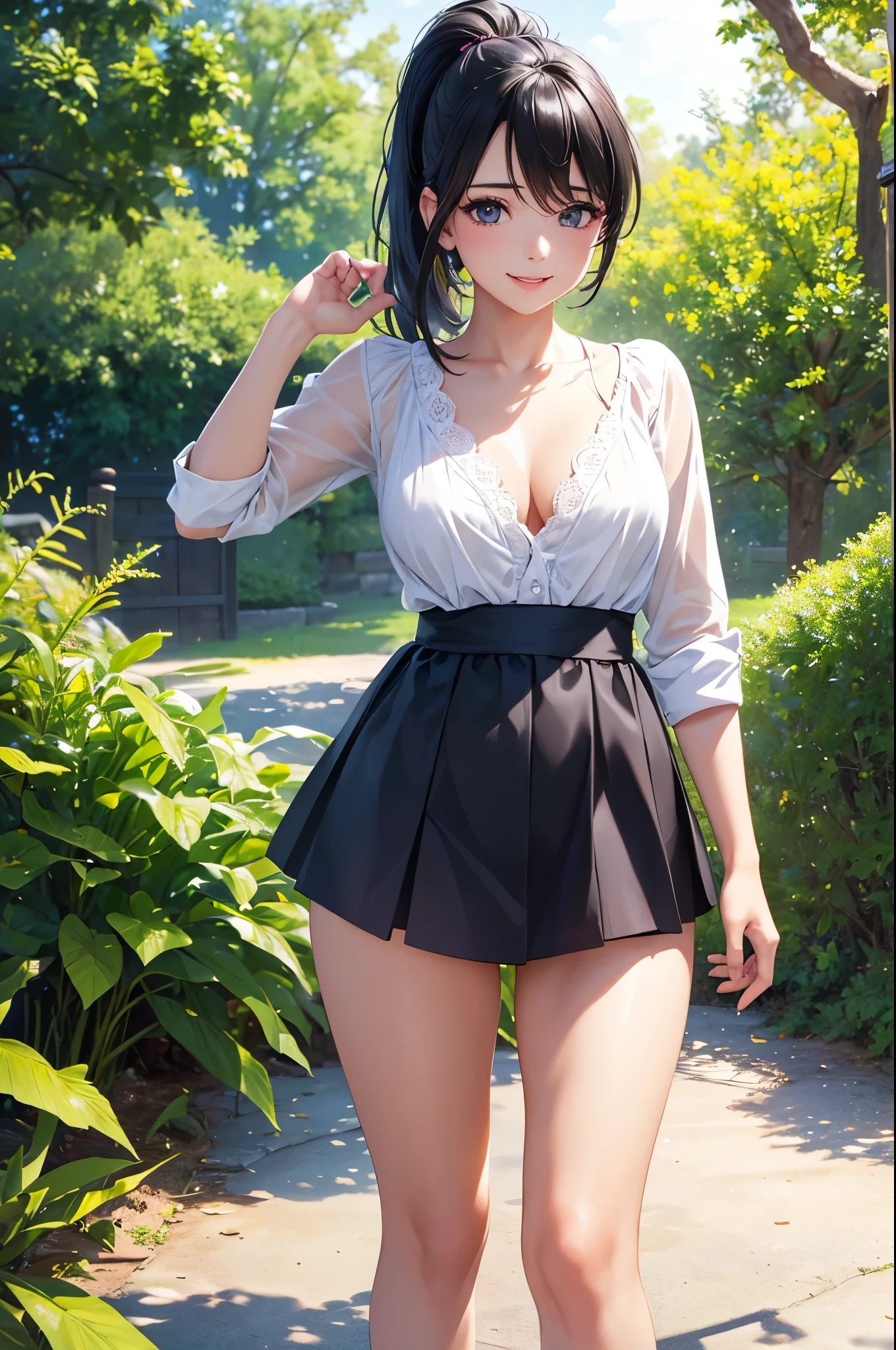 A girl in a garden,feeling the summer sunshine,with black hair,ponytail and wearing a miniskirt,standing with her legs apart,leaning forward,placing both hands on a hydrant. (best quality,4k,8k,highres,masterpiece:1.2),ultra-detailed,(realistic,photorealistic,photo-realistic:1.37),illustration,beautiful detailed eyes,beautiful detailed lips,extremely detailed eyes and face,long eyelashes, cheerful expression, vibrant colors,soft sunlight,Open-chested clothing