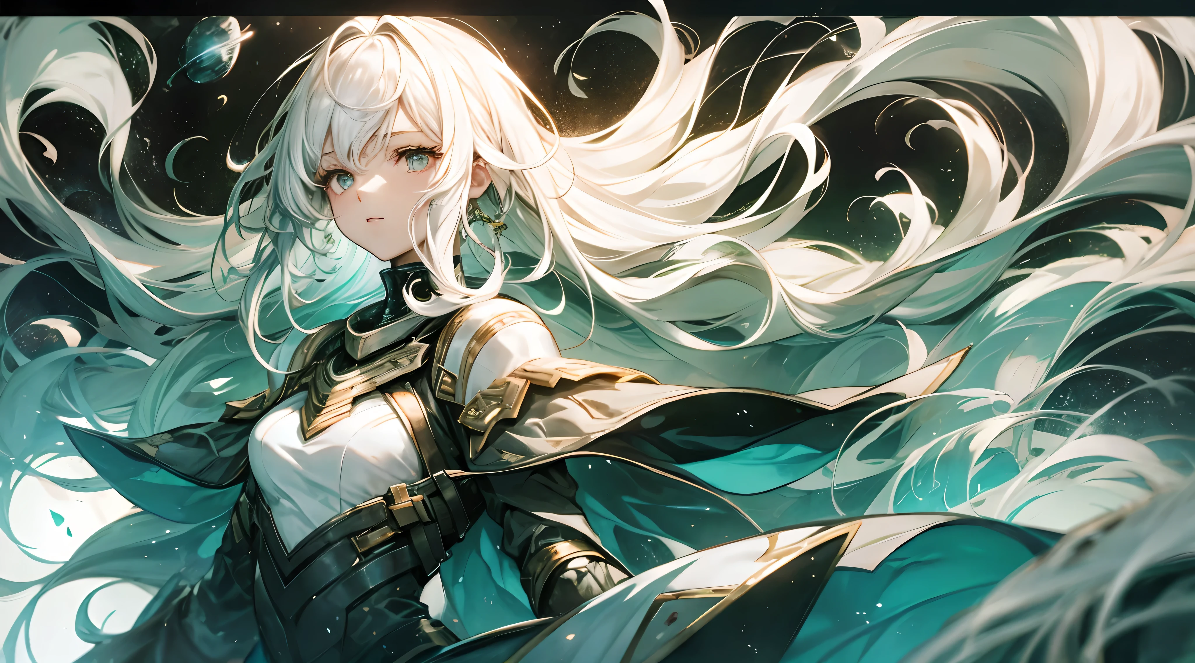 1 girl, white hair, lange Haare, Schwimmend, Raum, Baum, Green, dramatische Beleuchtung