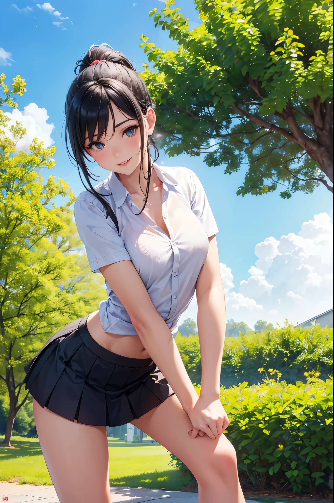 A girl in a garden,feeling the summer sunshine,with black hair,ponytail and wearing a miniskirt,standing with her legs apart,leaning forward,placing both hands on a hydrant. (best quality,4k,8k,highres,masterpiece:1.2),ultra-detailed,(realistic,photorealistic,photo-realistic:1.37),illustration,beautiful detailed eyes,beautiful detailed lips,extremely detailed eyes and face,long eyelashes, cheerful expression, vibrant colors,soft sunlight,Open-chested clothing