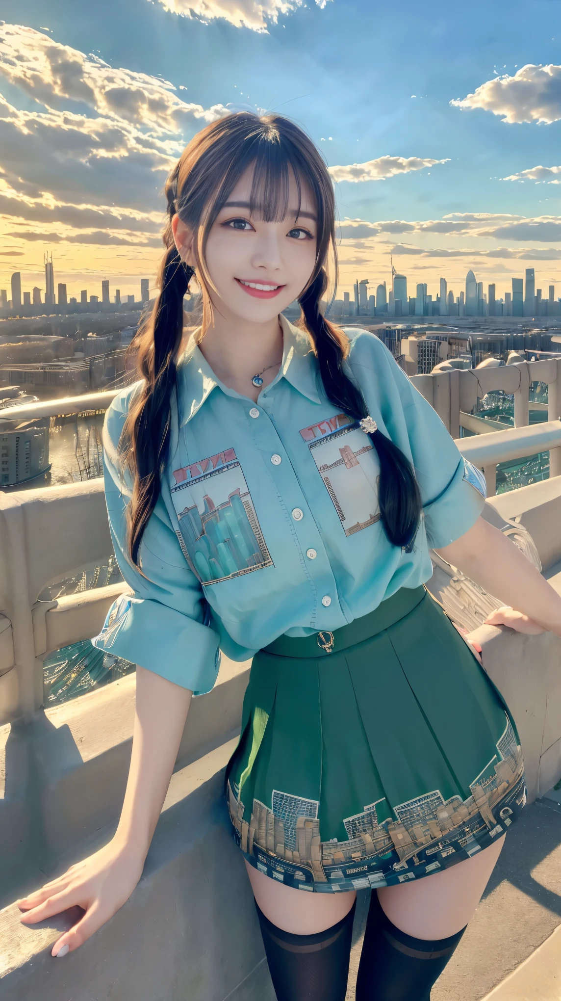 Wink、Close one eye、miku hatsune、Official Art, masterpiece, Sharp focus, (Beautiful gorgeous and cute Korean woman:1.3), (Beautiful and cute Korean woman:1.3), Korean Beauty, Delicate and beautiful hair, eyes and face, Realistic, Ultra-detailed, Beautiful girl, blue sky, Glowing White Particles, (Side light:1.2), Light of the sun, White cloud, Sunny clouds, Slender, Smiling with teeth showing, ((Close one eye)), Scenic, Blunt bangs、Sexy look、architecture、(Cityscape:1.7)、Dynamic Hair、Twin tails、Green Hair、Glowing blue eyes、(Green Pleated Shirt + Black Skirt)、White long socks、White skin、hair ornaments、Spectacular landscapes、