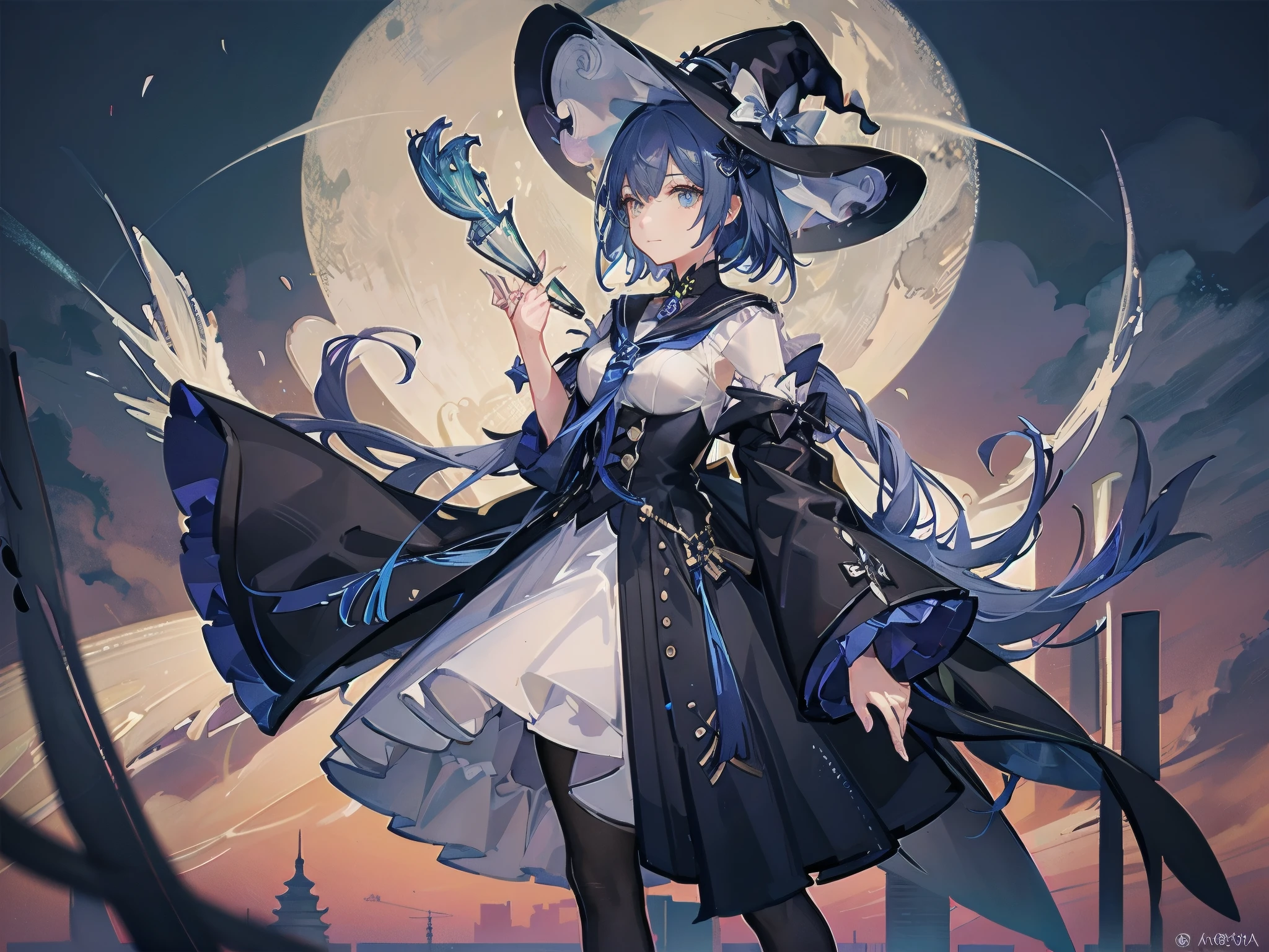 A girl stands on the rooftop of a high-rise building overlooking Tokyo late at night、She has a short bob with a white lob of hair and wears a large black witch hat with sapphire jewelry.、淡い紺色のリボンの白と黒のSailor suitを着ている高校生、She wears a large witch&#39;s hat with a small sapphire accessory、A few star creams、Beautiful starry sky、Beautiful night view、large witch's hat 、Sailor suit、Box Skirt、
