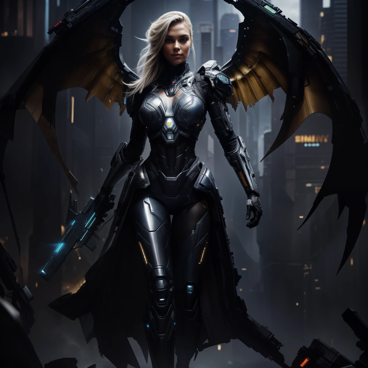 lower right arm holding a futuristic rifle