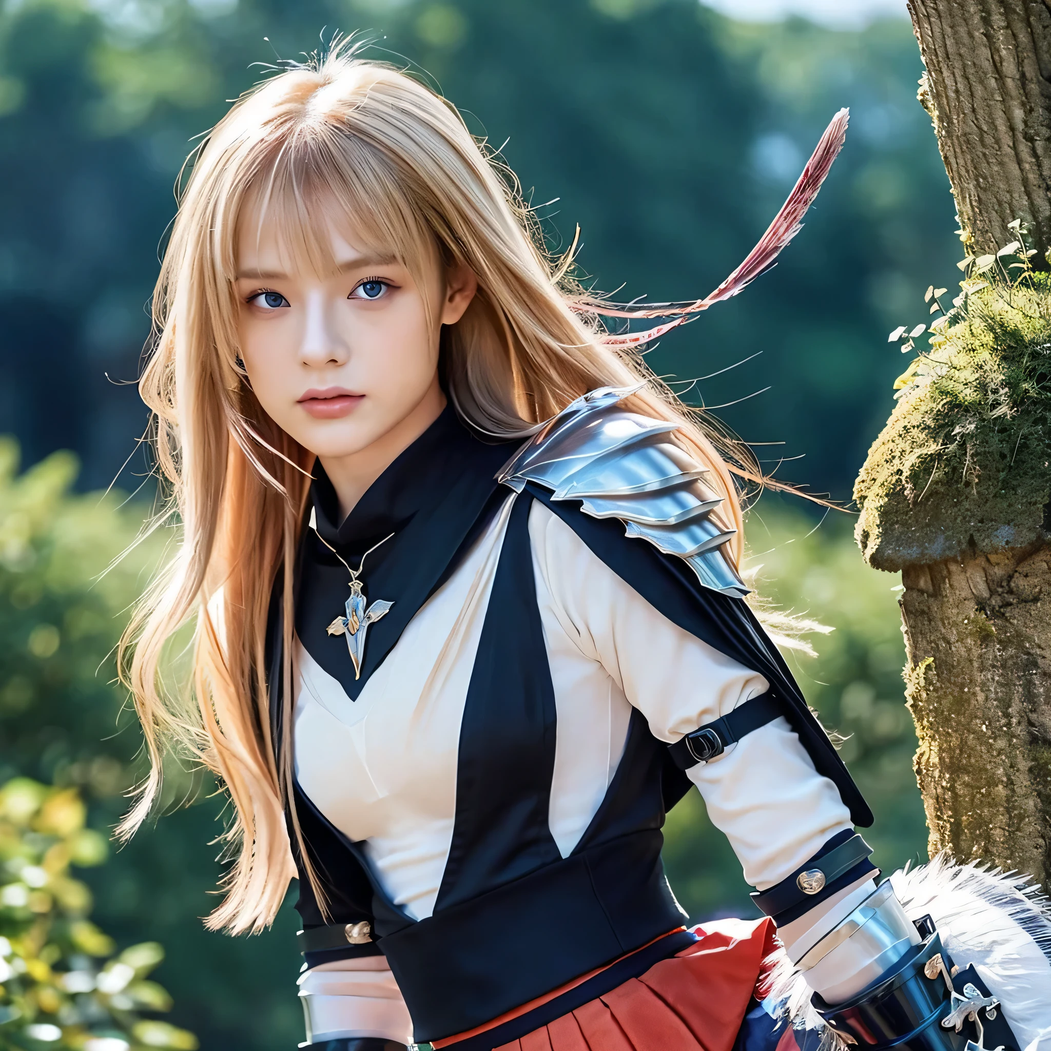 bright look、ponytale、young, sparkling, White and radiant skin、Best Look、The reflection of red hair、Platinum blonde hair with dazzling highlights、shiny light hair,、Super Long Silk Straight Hair、Radiant beautiful bangs、Radiant clear attractive big blue eyes、Very beautiful, dashing, Cute 16 year old girl、Lush bust,Beautiful detailed eyes, Beautiful detailed nose,(( s whole body:1.25)),Makeup emphasizes the eyes、((pleated skirt:1.3)),(Women like Joan of Arc:1.3)、(S armor:1.3)、knightage, (Equipped with a sword and shield:1.2),Royal style,comic style, , Sub-surface scattering, Dazzling detail, Natural background, A hyper-realistic, films, with dramatic lighting, masutepiece、(Decorative armor)、(Wearing an aura:1.5)、CIRCLET、((Princess Knights))、Frild、((hold a black golden long sword))