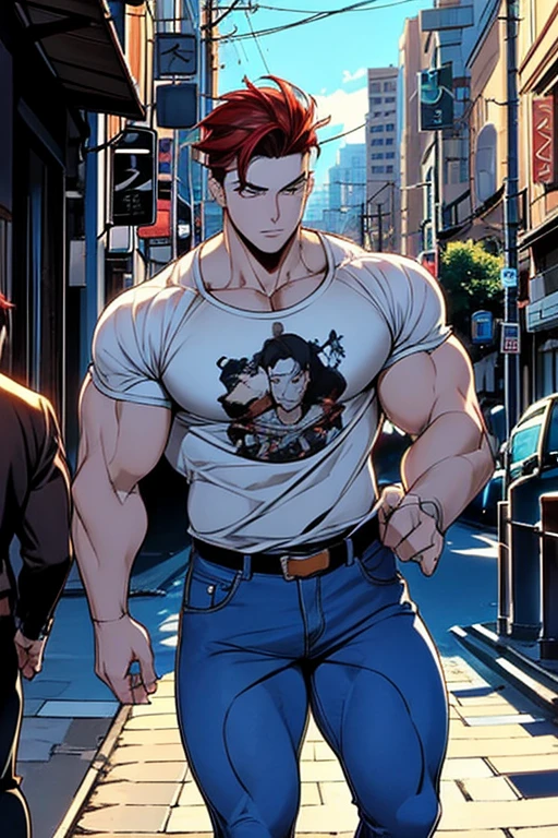 Hombre joven, cabello rojo, corte de pelo corto, vestido con un jean y camiseta blanca simple, muscular, paseando por la ciudad, handsome, ciudad de fondo, de hombros anchos, hombre muy alto, anime style