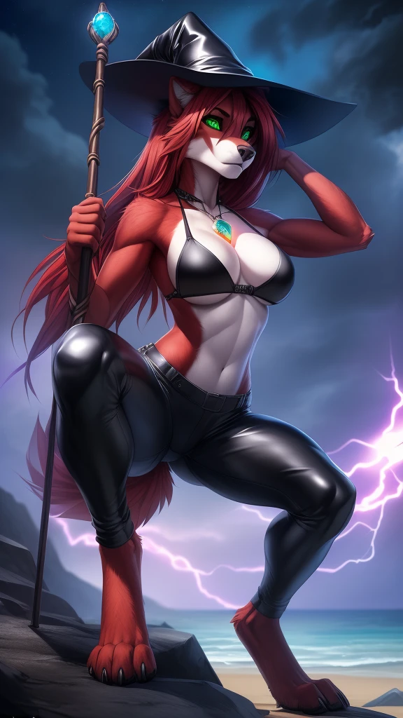 uploaded on e621, (by Wildering, by Koul, by fluff-kevlar, by aycee), solo, female wolf, wolf ears, neck tuft, hip tuft, leg tuft, wolf tail, ((black sclera, green eyes)), (tight low riding leather pants, black bikini top, wizard hat), ((full-body portrait)), (masterpiece), (best quality), (anthro furry:1.3, snout:1.2, anthro:1.3, furry:1.2, solo female:1.2), (thick figure, curvy figure), (wide hips), (extremely thick thighs), (medium breasts, perky breasts), (battle pose), (((black spirals on body, red fur))) BREAK (((digitigrade feet, wild long red hair))), (beach at night background), depth of field, ambient light on the body, (intricate:0.7), (high detail:1.3), (unreal engine:1.3), (sharp focus:1.15), (masterpiece, best quality, 4k, 2k, shaded, absurd res), ((holding a long staff with a glowing gem at the tip)), purple lightning storm, enraged expression,