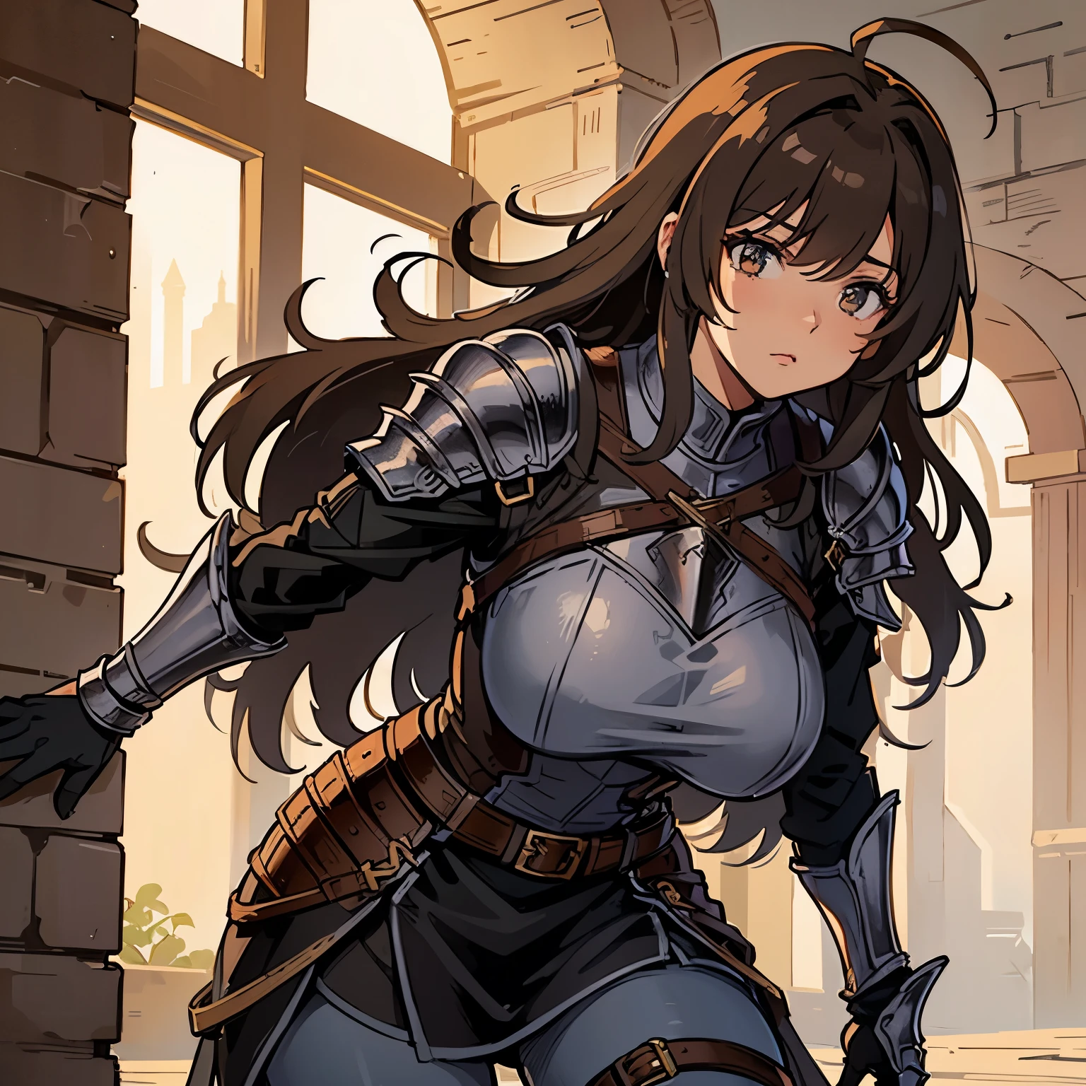 A grown woman, most average female knight, brown hair, leather armor, medieval fantasy