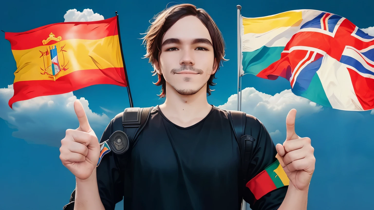 arafed man pointing at a video with flags of different countries, youtube thumbnail, linus from linustechtips, 🇺🇦, flags, reddit vexillology, irish youtuber, inspired by Francisco de Holanda, inspired by Dan Content, youtuber, vexillology, spanish, 🕹️ 😎 🔫 🤖 🚬, 🤠 using a 🖥, young spanish man