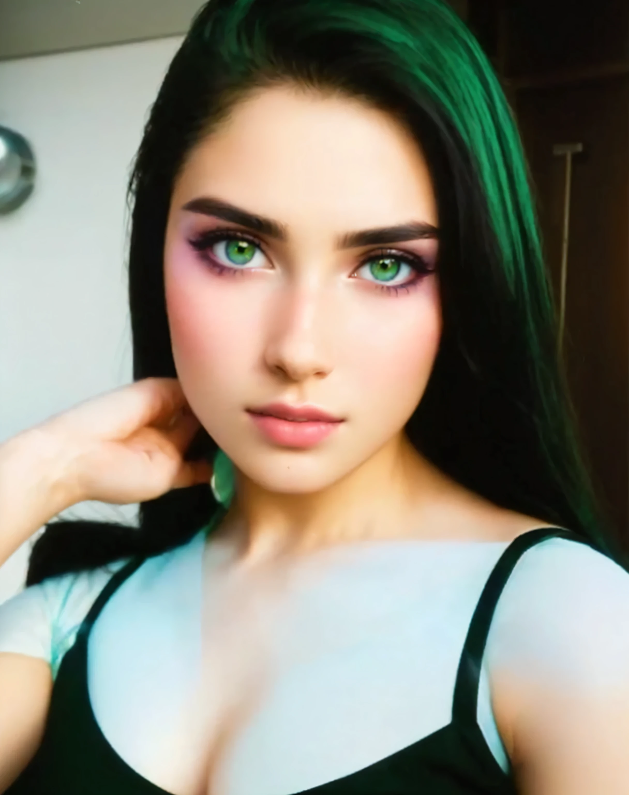Generate an ultra-high-definition, super-close-up colorized photograph of an 18-year-old woman with striking black hair, illuminated by sunlight. Emphasize her captivating features: large, green eyes, full lips, and exquisitely arched eyebrows. Ensure the inclusion of natural blemishes and imperfections for authenticity. Utilize the Hasselblad camera to capture unparalleled detail, guaranteeing flawless depiction with extraordinary clarity, vibrant colorization, and the interplay of sunlight on her hair.