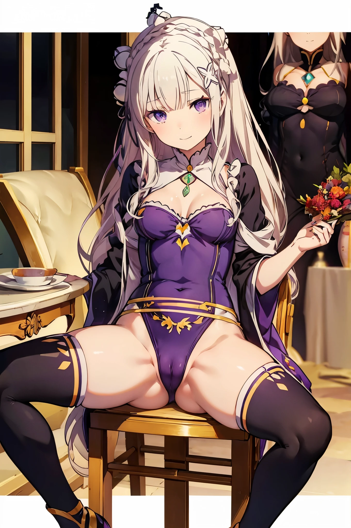  Emilia re:zero, purple eyes, Emilia, crown braid, x hair ornament, flower hair ornament, white hair, long hair, medium breasts, sitting on a chair, spread legs, looking at viewer with a smile, bodysuit, leotard, cameltoe, 