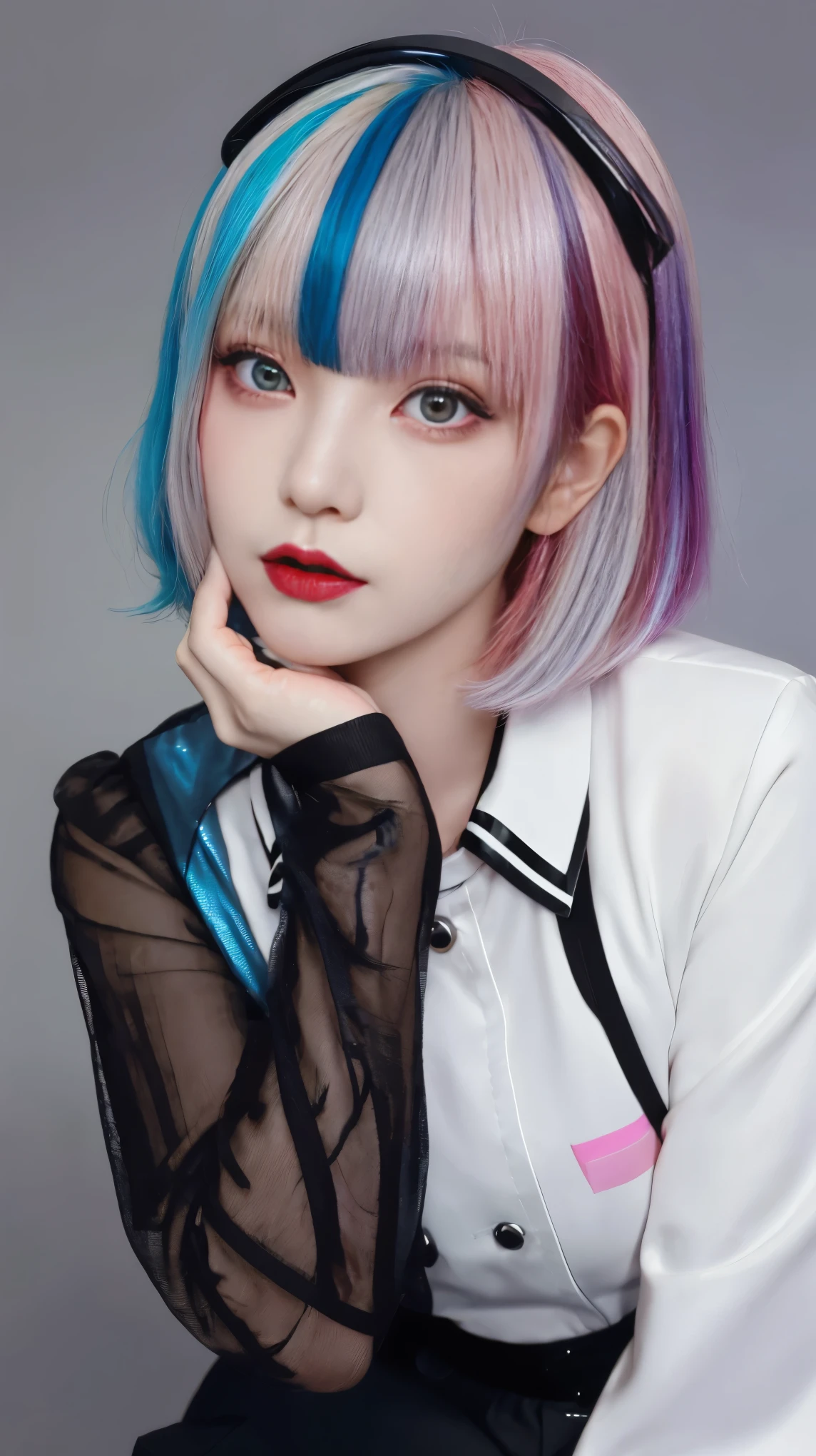 Gold, black, light blue, silver and pink hair、Multicolored Hair、Photorealistic, High resolution, Heterochromia eyes, small moles under eyes、Bobcut、Blunt bangs、Lucy\(cyber punk\), One Girl, Hair Scrunchie, Hime cut, Silver Hair, Color Chip, full moon, grey eyes, White shirt, Black tie、Black shorts、Long sleeve, (Look at the viewers), Medium Hair, Multicolored Hair, Parting of the bangs, Lips parted, Pink Hair, Red eyeliner, Red lips, solo, White jacket, cyber punk\(series\), ネオンが輝くcyber punkシティの雨の夜,From below, yes、On all fours、Connecting