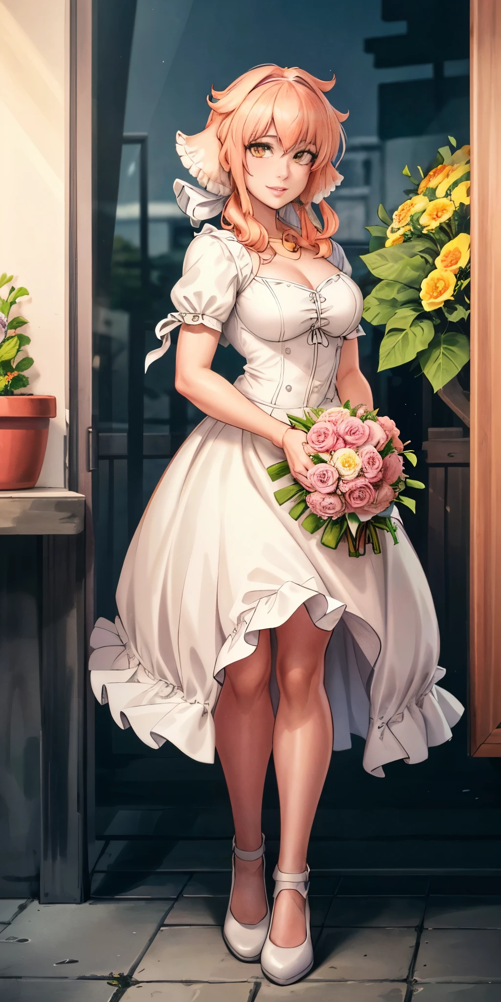 ((Roxanne)) ((woman dressed holding flowers and flowers near a store window)) 1girl, flower, solo (dog fluffy ears) [[orange hair]] pantyhose, bouquet, looking at viewer, black hairband, yellow eyes, dress, hair flower, holding a bouquet, standing, short sleeves, white footwear,(dress color:white, pink:1.4) yellow flower, selling flowers, scenery, night time, wall lamp, smile, pink flowers, blue flowers, cowboy shot, large breasts, small ribbon on flower as tie ((scenery)),(((scenery))),windy,(windy:1.3),(scenery),((scenery)),(((scenery)))
