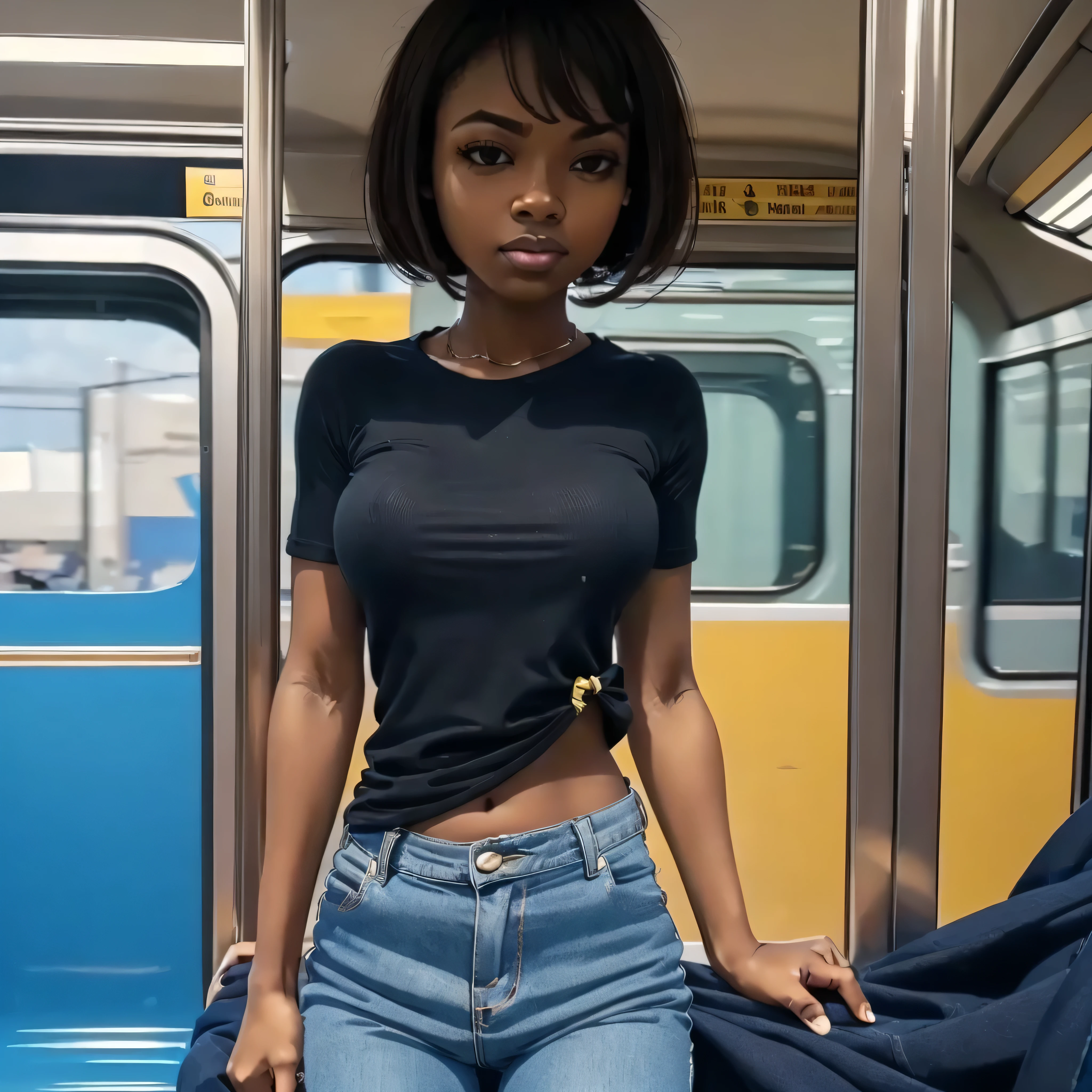 1girl, furry, black hair, short hair, horns, black eyes, grey skin, black shirt, blue jeans, midriff, (full body:1.2), simple background, rammy, mad Hair lift, hair lift , lifted by another, hands, crowded subway car. --v 6 --s 1000 --c 20 --q 5 --chaos 100