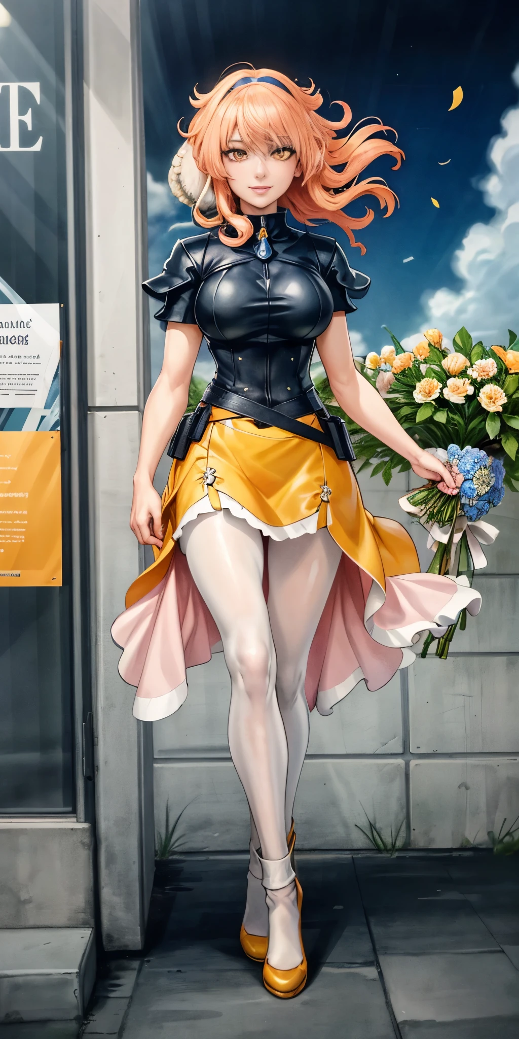 ((Roxanne)) ((woman dressed holding flowers and flowers near a store window)) 1girl, flower, solo (dog fluffy ears) [[orange hair]] pantyhose, bouquet, looking at viewer, black hairband, yellow eyes, dress, hair flower, holding a bouquet, standing, short sleeves, white footwear,(dress color:white, pink:1.4) yellow flower, selling flowers, scenery, night time, wall lamp, smile, pink flowers, blue flowers, cowboy shot, large breasts, small ribbon on flower as tie ((scenery)),(((scenery))),windy,(windy:1.3),(scenery),((scenery)),(((scenery)))