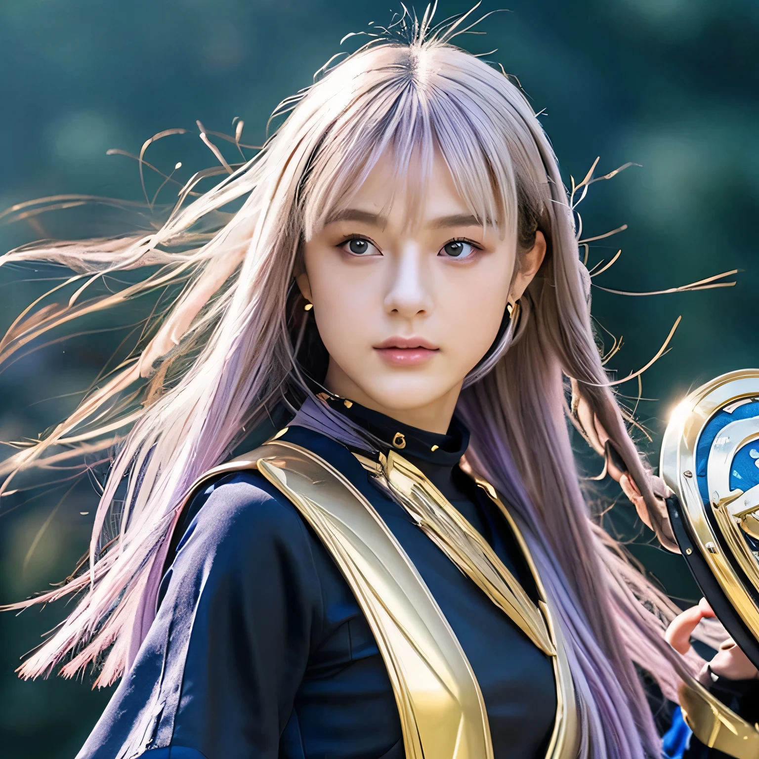 bright look、ponytale、young, sparkling, White and radiant skin、Best Look、The reflection of purple hair、Platinum blonde hair with dazzling highlights、shiny light hair,、Super Long Silk Straight Hair、Radiant beautiful bangs、Radiant clear attractive big blue eyes、Very beautiful, dashing, Cute 16 year old girl、Lush bust,Beautiful detailed eyes, Beautiful detailed nose,(( s whole body:1.25)),Makeup emphasizes the eyes、((pleated skirt:1.3)),(Women like Joan of Arc:1.3)、(S armor:1.3)、knightage, (Equipped with a sword and shield:1.2),Royal style,comic style, , Sub-surface scattering, Dazzling detail, Natural background, A hyper-realistic, films, with dramatic lighting, masutepiece、(Decorative armor)、(Wearing an aura:1.5)、CIRCLET、((Princess Knights))、Frild、((hold a black golden long sword))