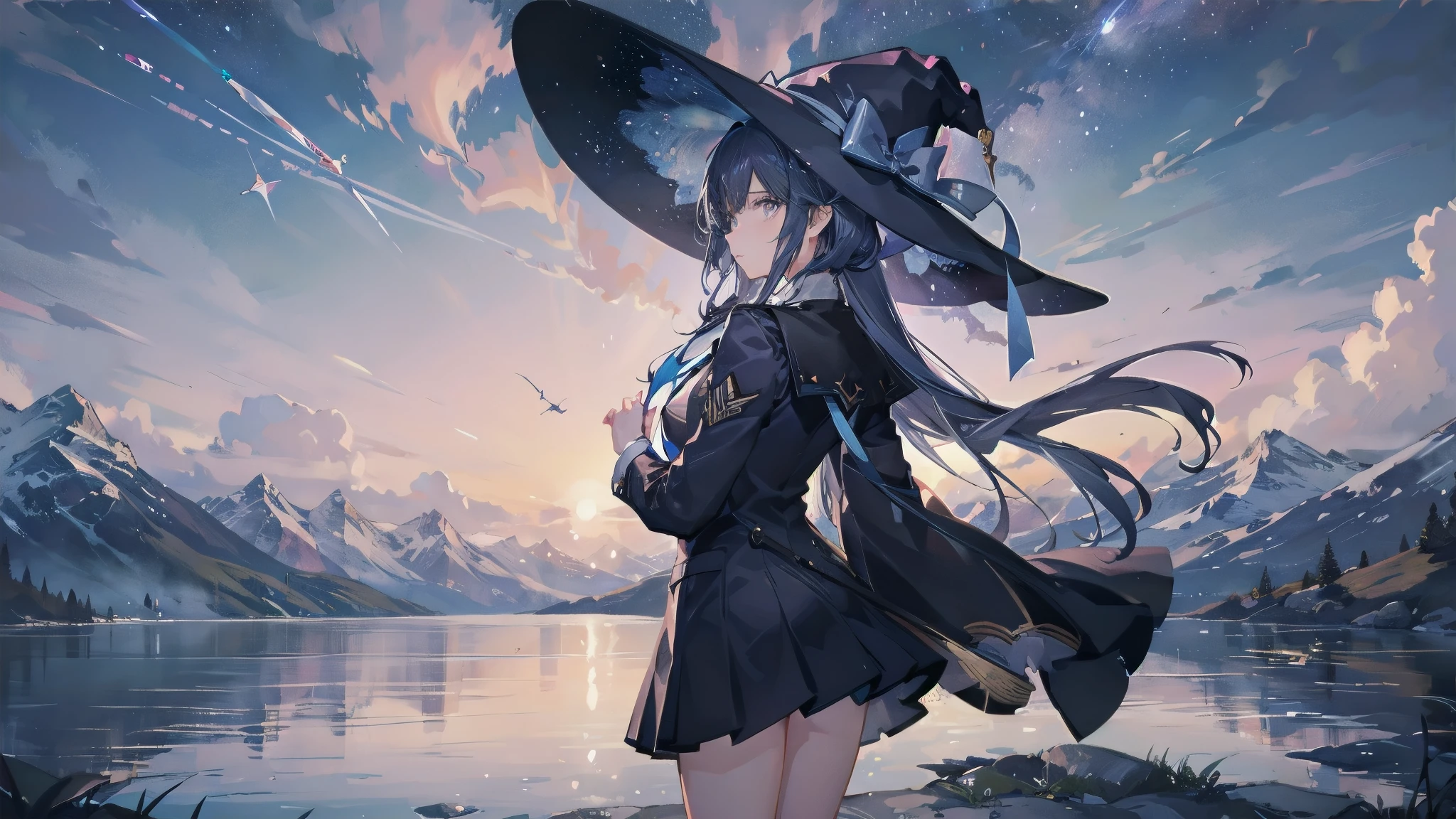 A high school girl wearing a blazer uniform is thrown into space、She has a short bob with a white lob of hair and wears a large black witch hat with sapphire jewelry.、Landing on a pale blue planet、Fantastic World、There are mountains and lakes, but they all look pale、The sky is a deep navy blue and many stars can be seen.、A few star creams、A starry sky、high resolution、Light reflecting on the lake、The water surface is rippled and sparkling.、4K quality、Sheer Mountains、Silence、High Quality、It is drawn in detail、Precise illustrationysterious PC Wallpaper、Light clouds、loneliness、Alone on an unknown planet、Feelings of despair、painful、moment、I am drawn to the painting、Unrealistic and realistic illustrations、