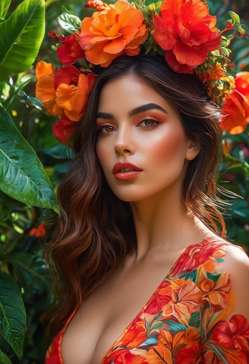 Una chica con cabello de colores rojo y naranja  vibrantes., vistiendo un traje sexy, standing in a lush garden full of exotic flowers. Tiene hermosos ojos detallados que brillan bajo la luz del sol., and her lips are painted a bold red color. The garden is meticulously painted with hyper-realistic details., showing the intricate textures of the petals and leaves. Los colores son vibrantes y llamativos, con un toque de surrealismo. The scene is captured in stunning 8K resolution, permitiendo que cada detalle sea visible, from the individual strands of hair to the delicate lines of your face. The overall style is influenced by Russ Meyer&#39;s iconic films., con una mezcla de elementos retro y modernos. Color grading emphasizes vibrant tones., improve the feeling of excitement and sensuality. The lighting is soft., casting a warm glow on the girl&#39;s face, adding depth and dimension to the image. This hyper-realistic work of art is a masterpiece that combines the highest quality materials and techniques to create a stunning visual experience...