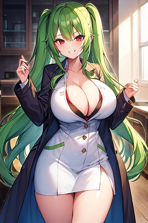 1girl, green hair, long hair, wavy hair, lab coat, coat, red eyes, smile, large breasts, thick thighs, laboratory, smirk, smug, tall, tall female